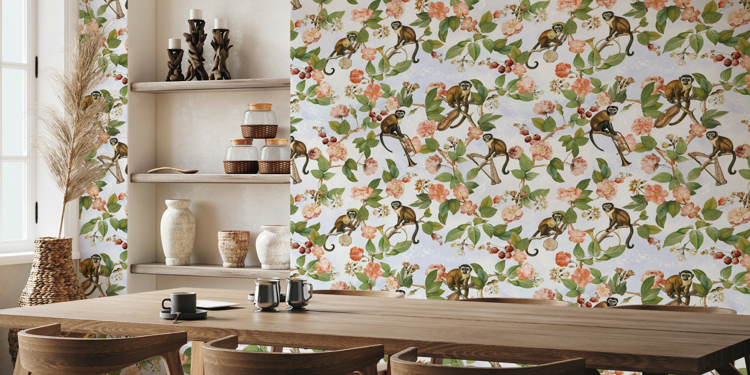 Monkey band wallpaper in a jungle with flowers