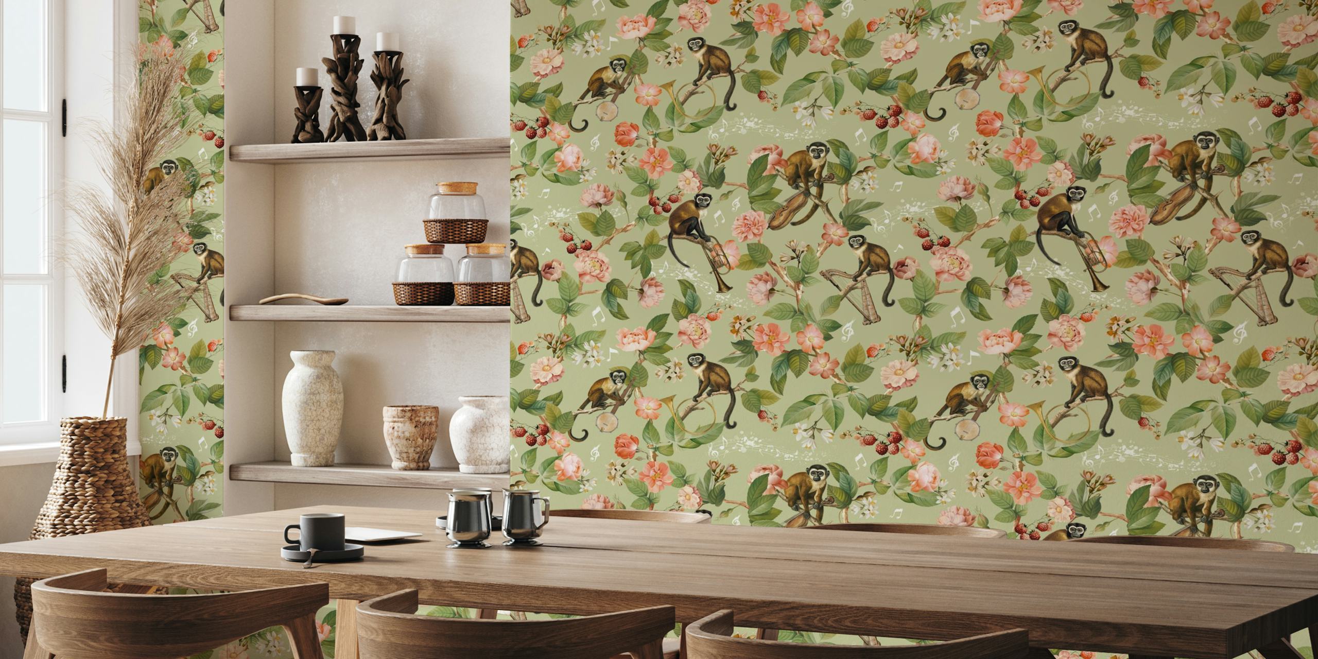 Papel de parede Monkey Band em um design de selva floral