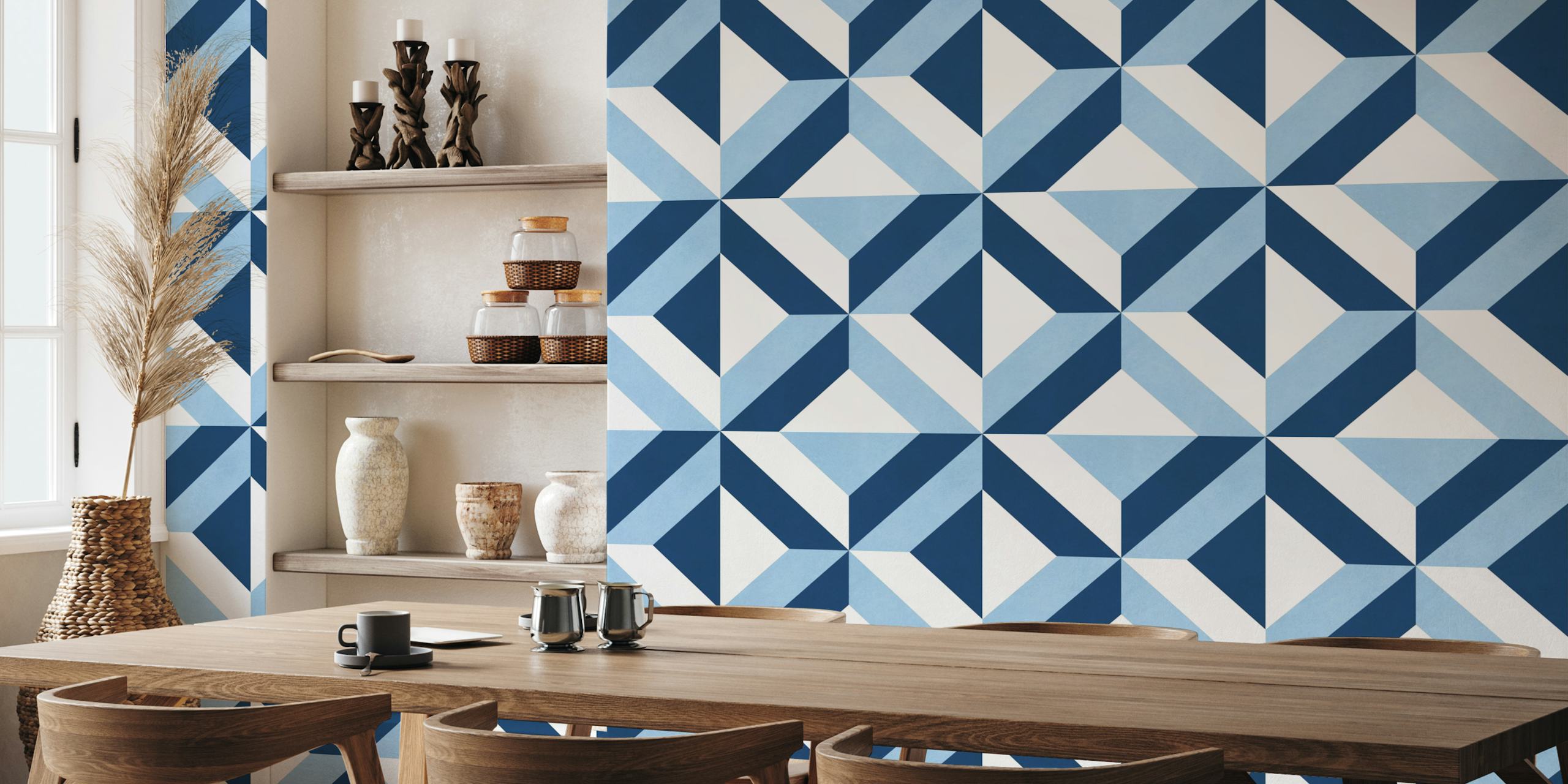 Blue geometric pattern in shades of navy and light blue wallpaper