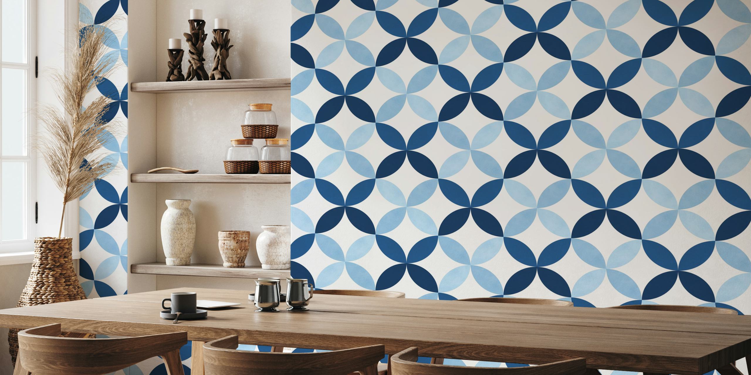Blue geometric pattern wallpaper in a room