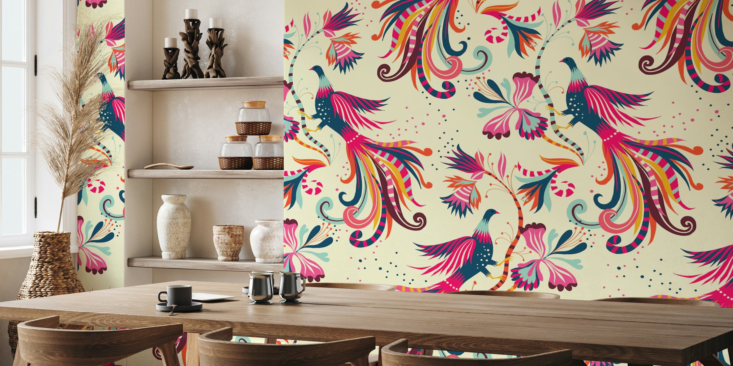 Barevní fantastické ptáci a tropické květiny nástěnný mural design