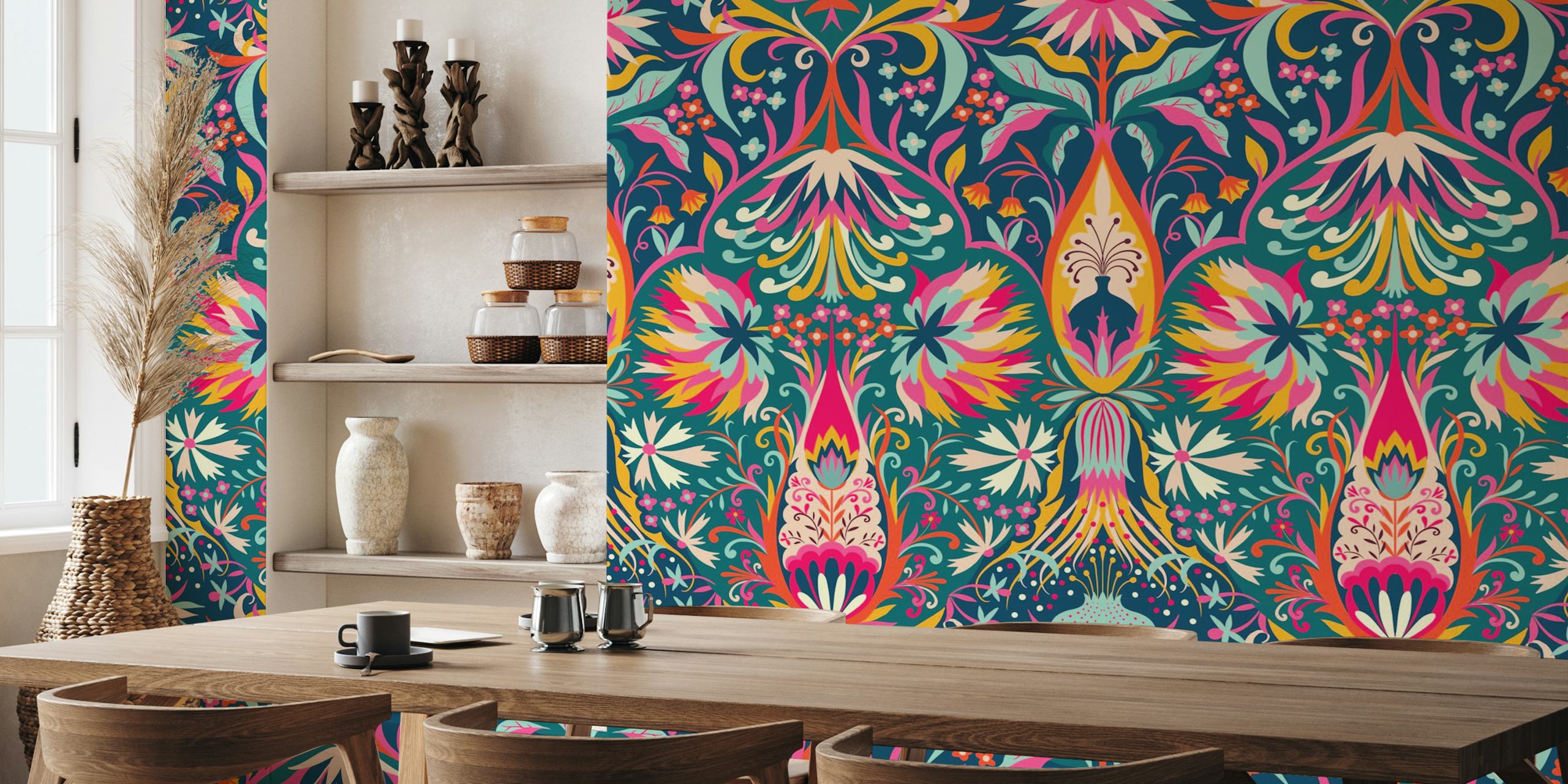 Colorful floral damask wallpaper featuring vibrant patterns in blue, pink, and yellow