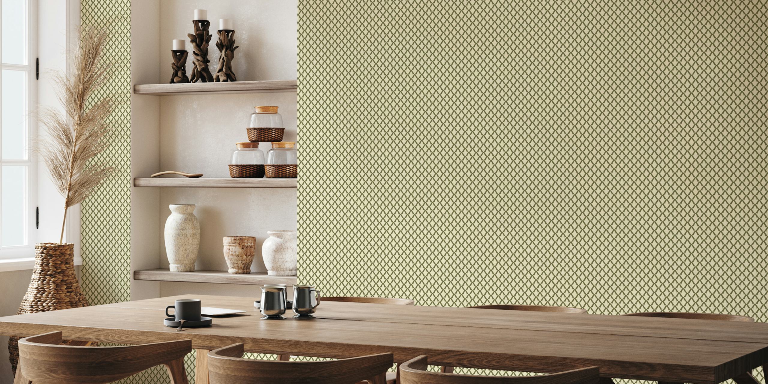 Geometric diamond leaf pattern in green and cream wallpaper