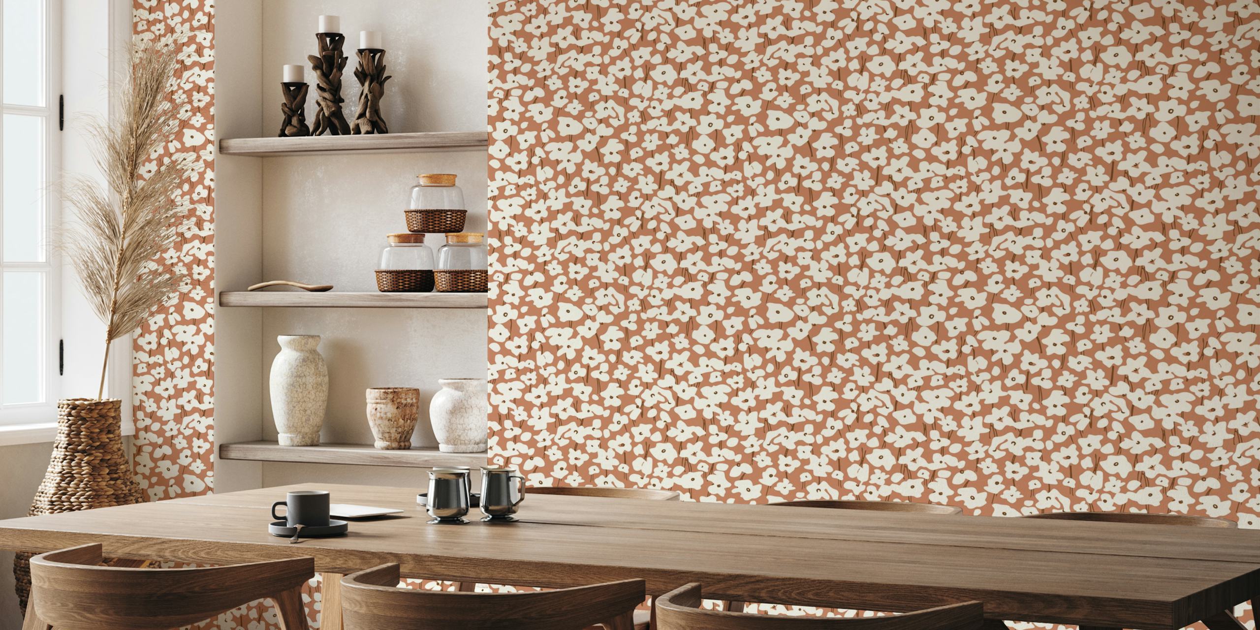 White floral pattern on warm brown background wallpaper