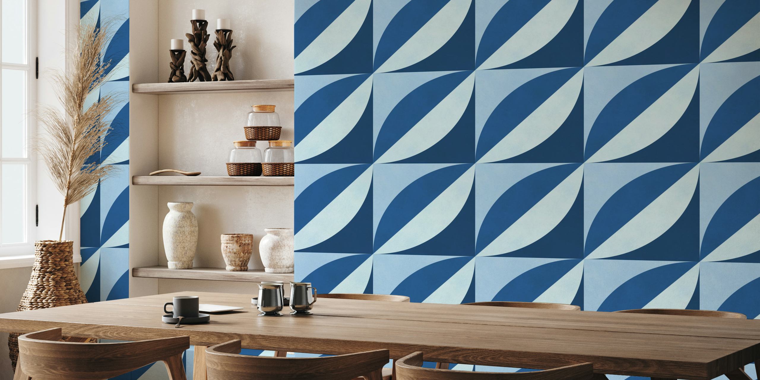 Blue geometric pattern wallpaper in a room
