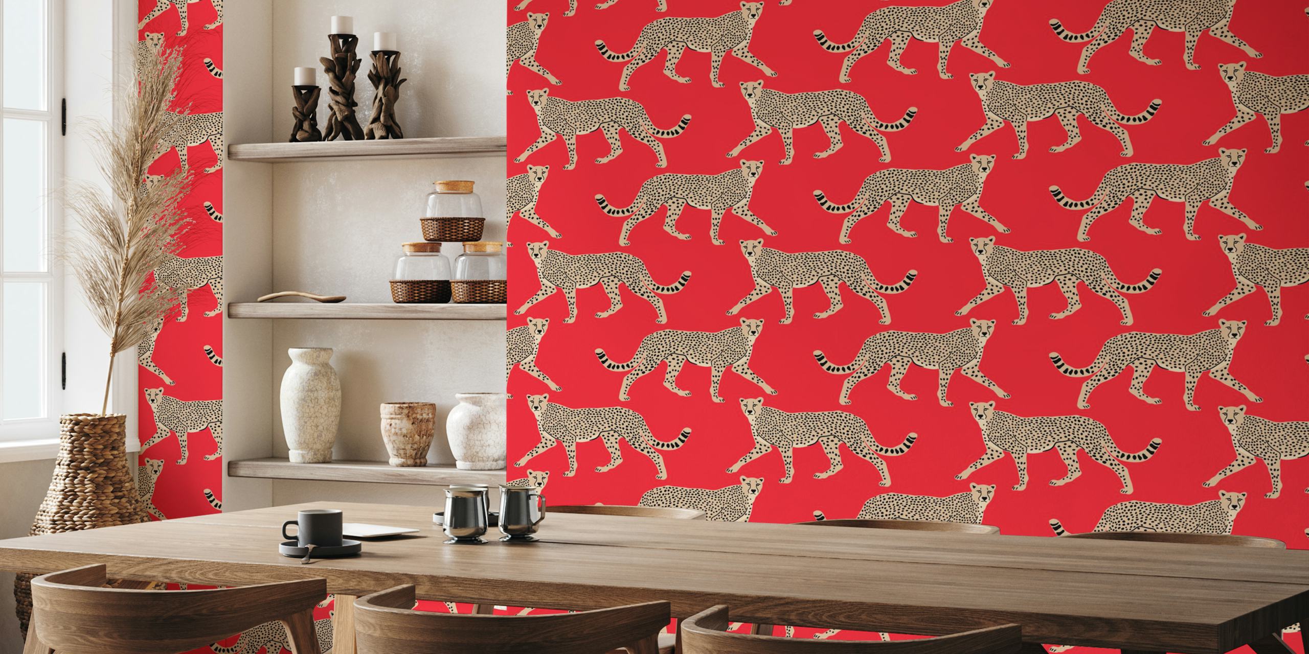 Cheetah illustrations on vibrant red background wallpaper