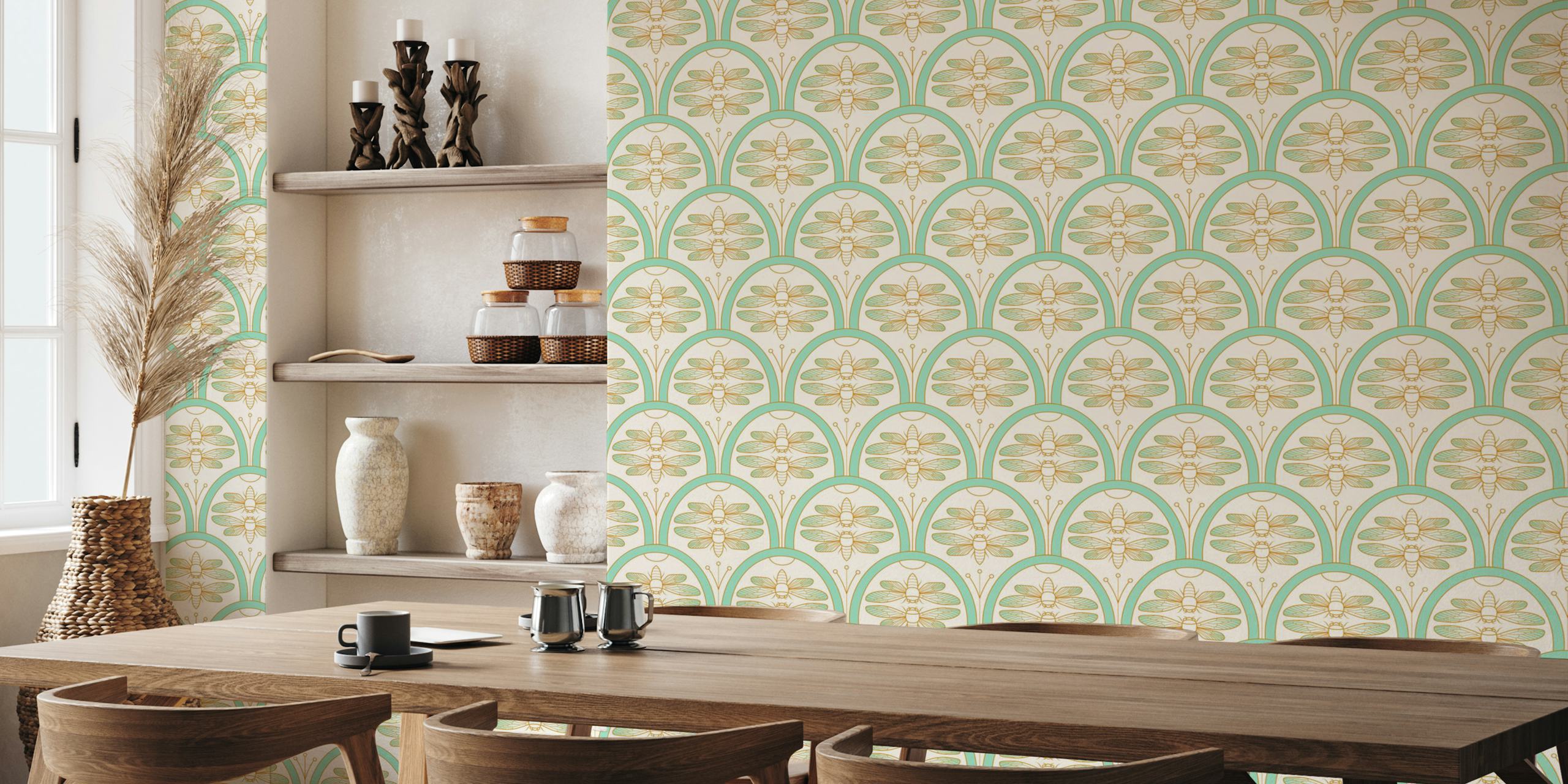 Cicada damask pattern in mint and blush colors wallpaper