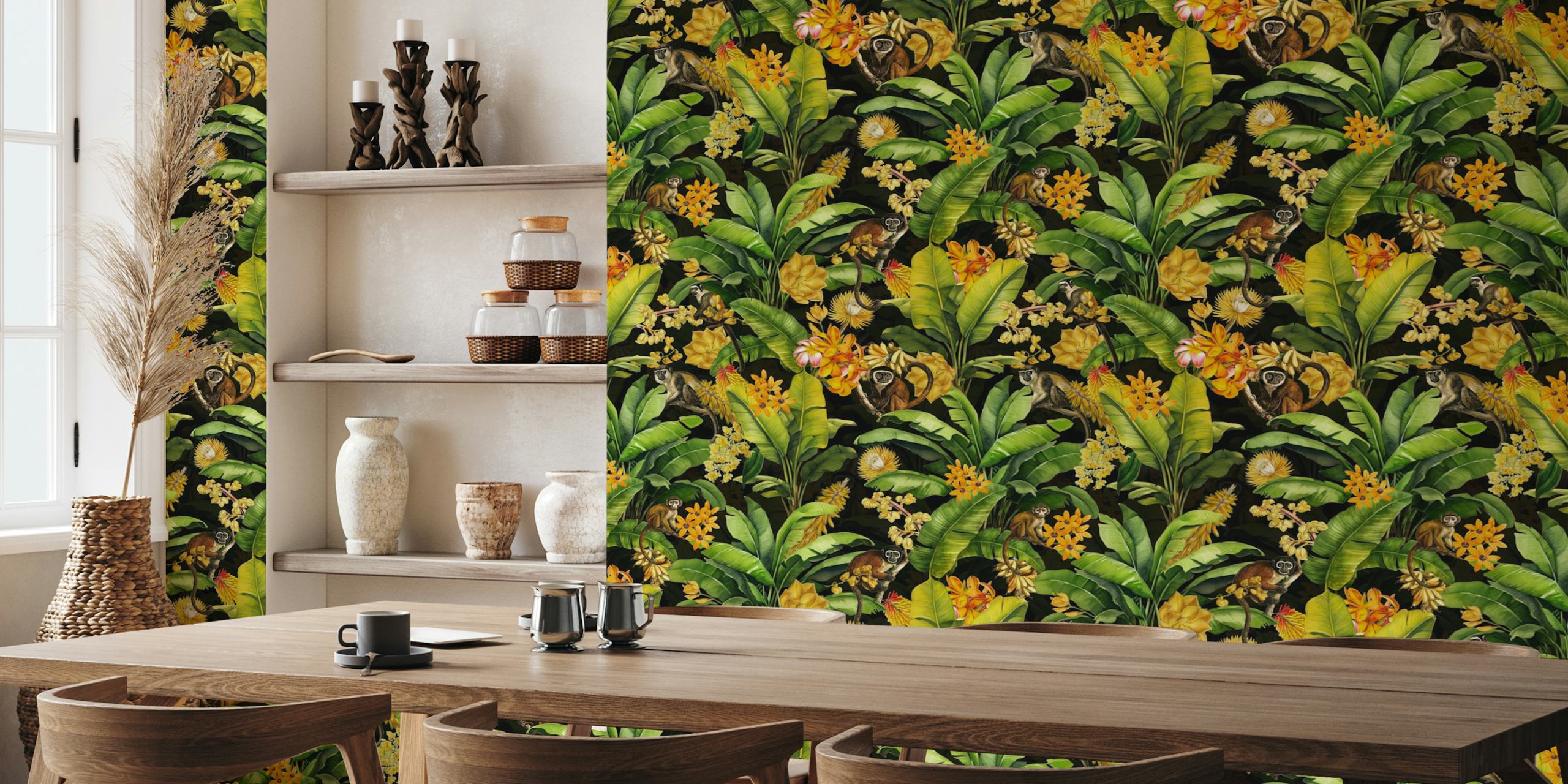 Vintage monkeys in tropical jungle wallpaper