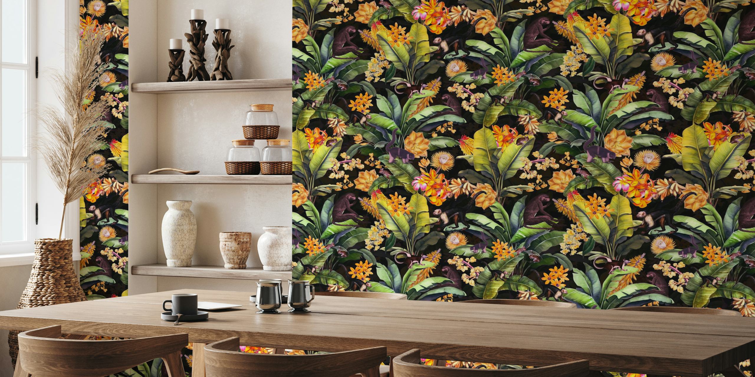 Vintage monkeys surrounded by vibrant tropical flowers and leaves wallpaper