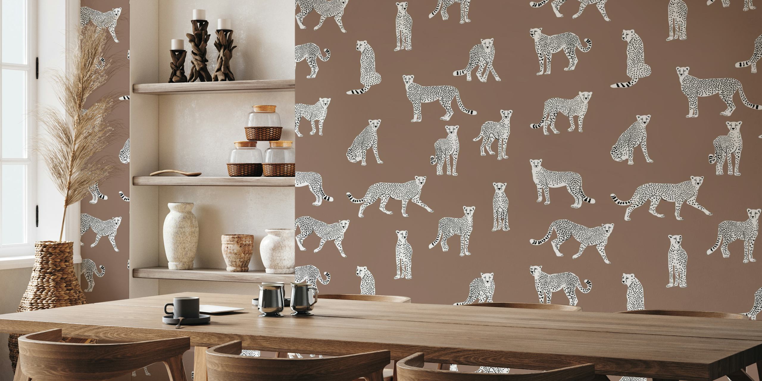 White cheetah wallpaper displayed in a room