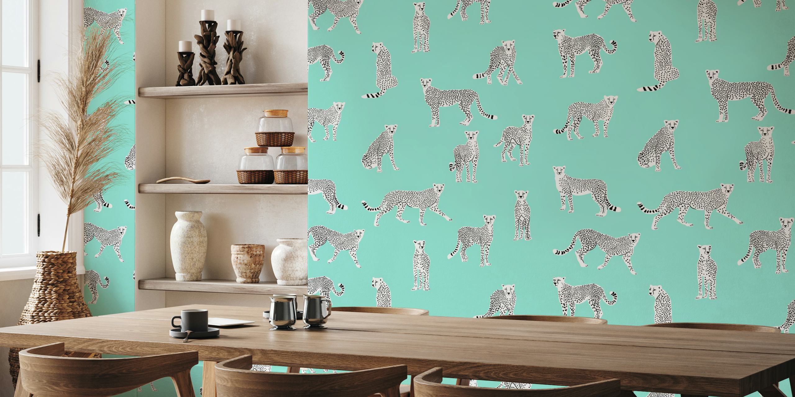 White cheetah wallpaper in a room