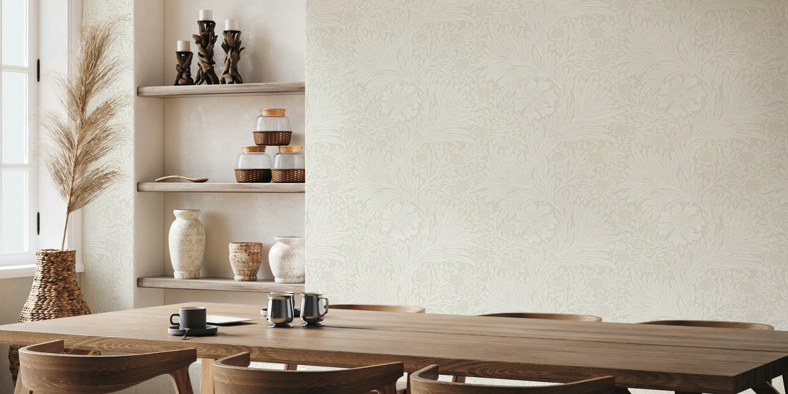 White floral pattern wallpaper with detailed leaves and flowers