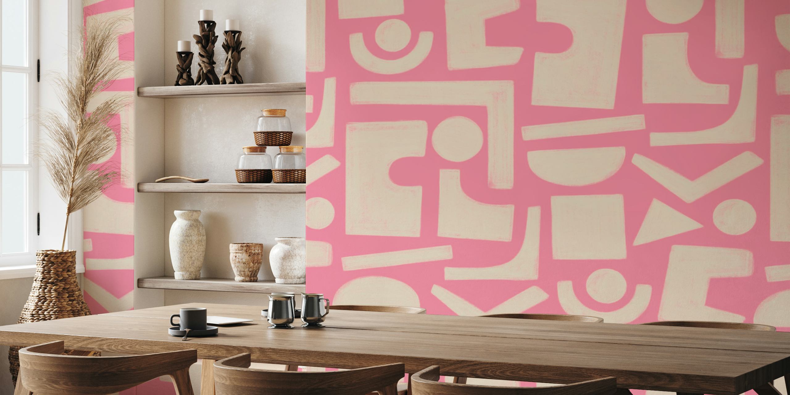 Bright pink geometric shapes in beige tones wallpaper