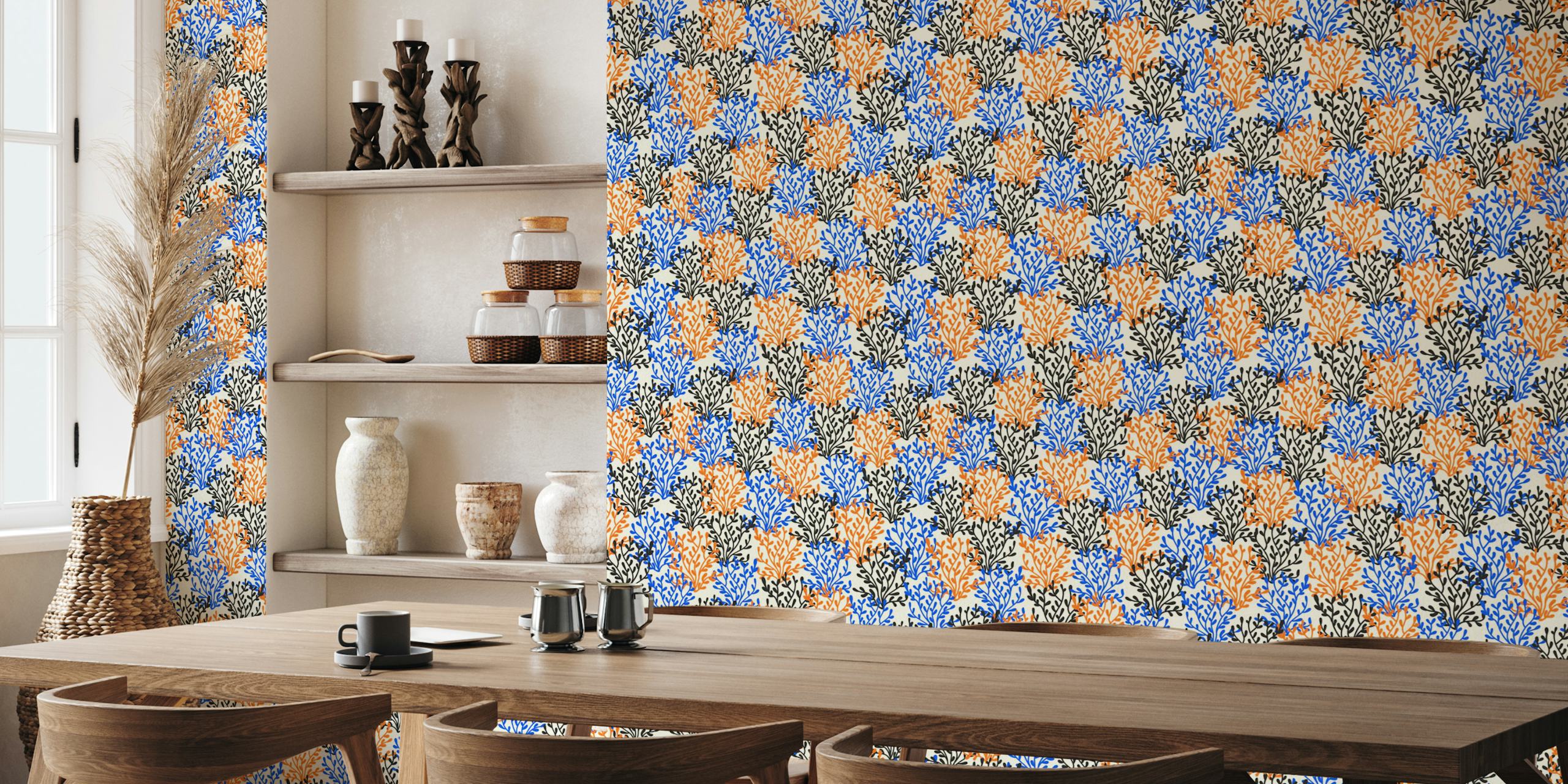 Colorful floral pattern in blue, orange, and black on cream background wallpaper