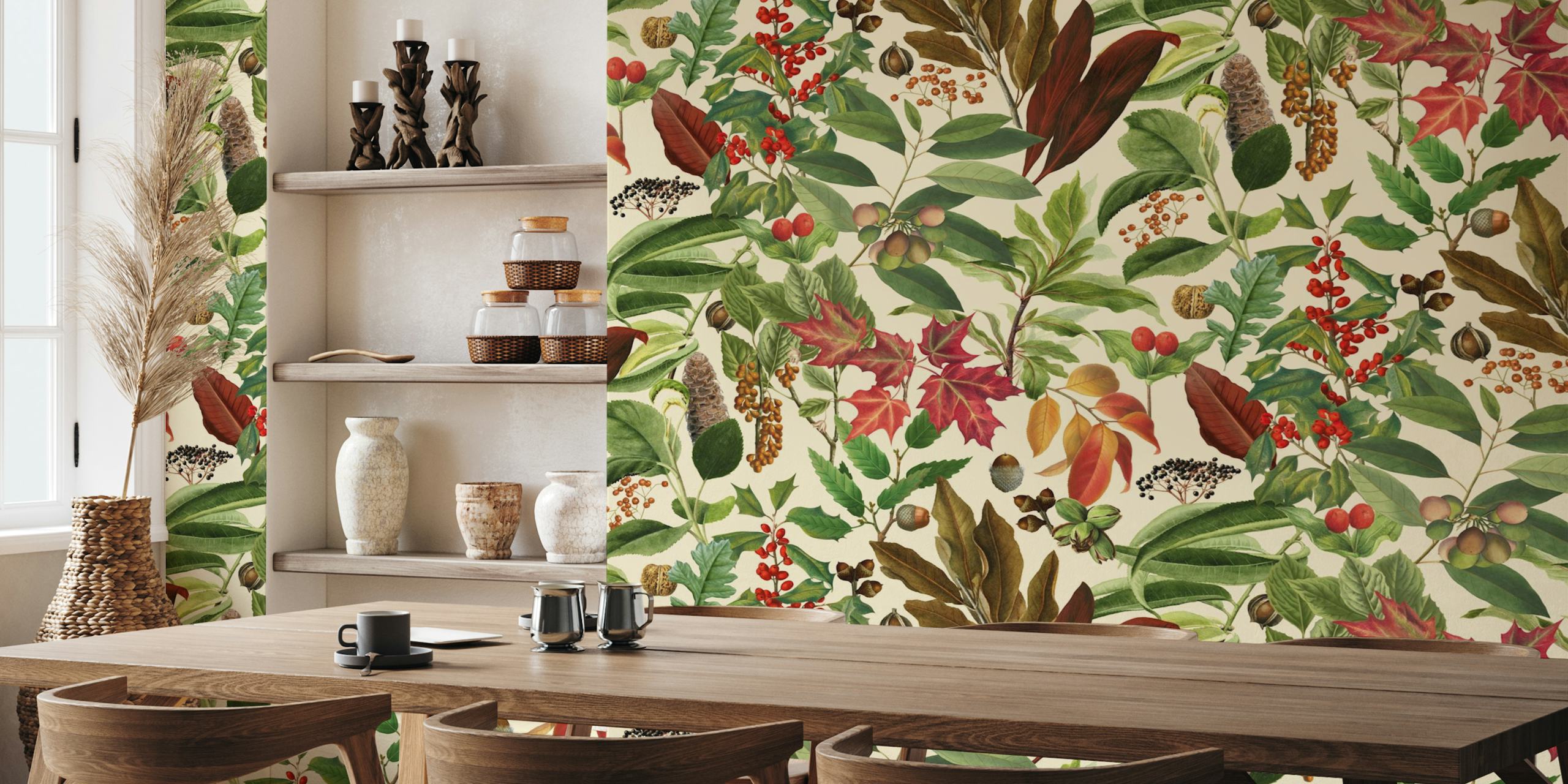 Colorful autumn leaves and botanical patterns wallpaper