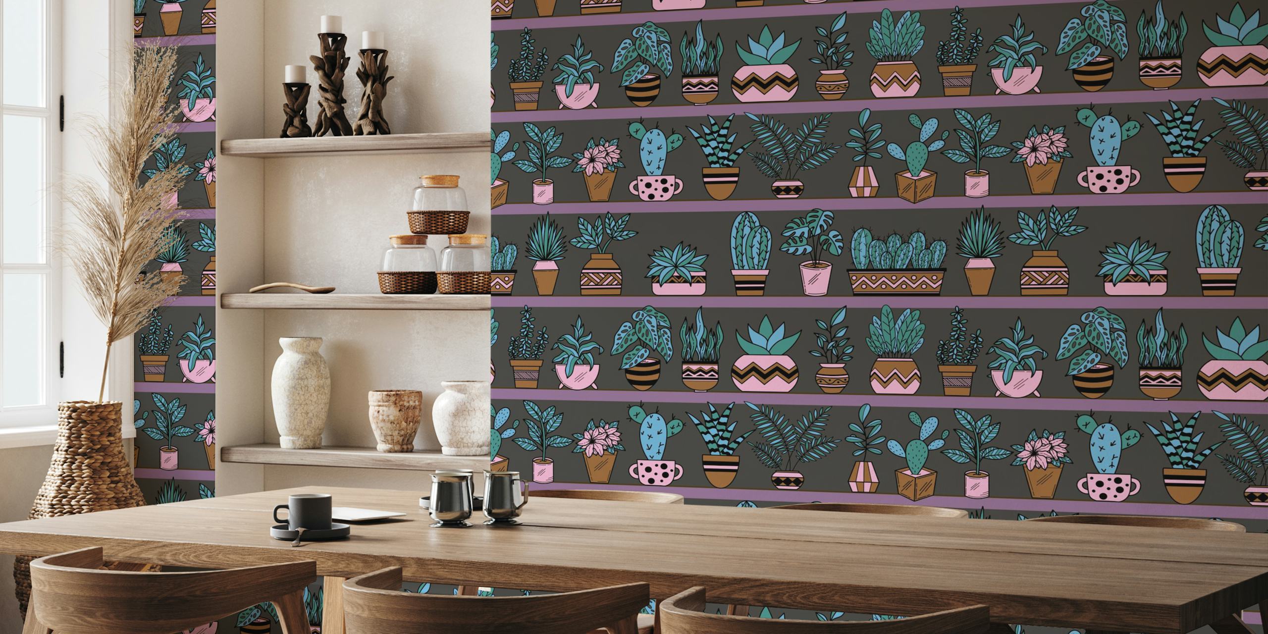Wallpaper with shelves and vase plants