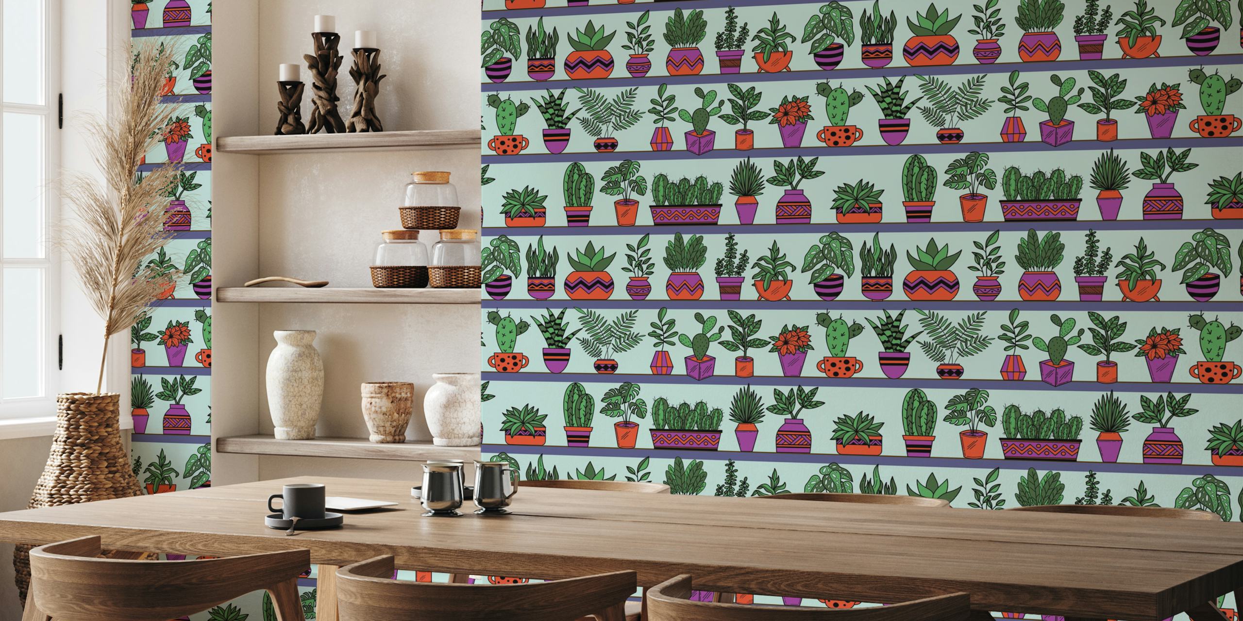 Kleurige wandbekleding met verschillende planten op planken met Vase Plants 3