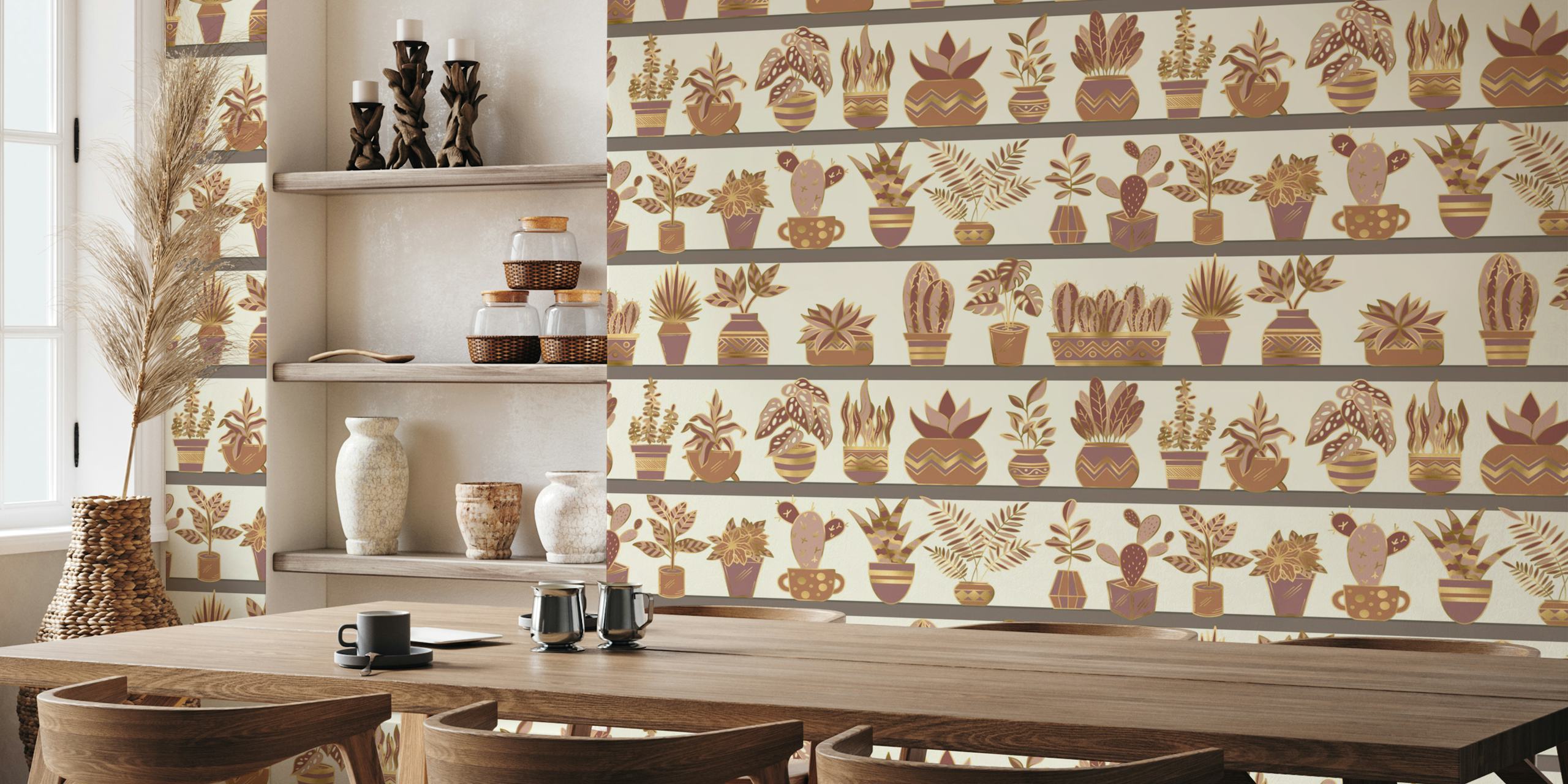 Shelves with various plants and vases wallpaper
