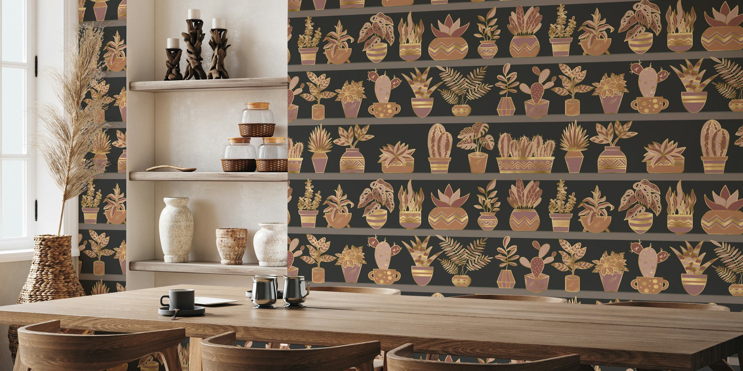 Shelves with various potted plants in earthy tones wallpaper