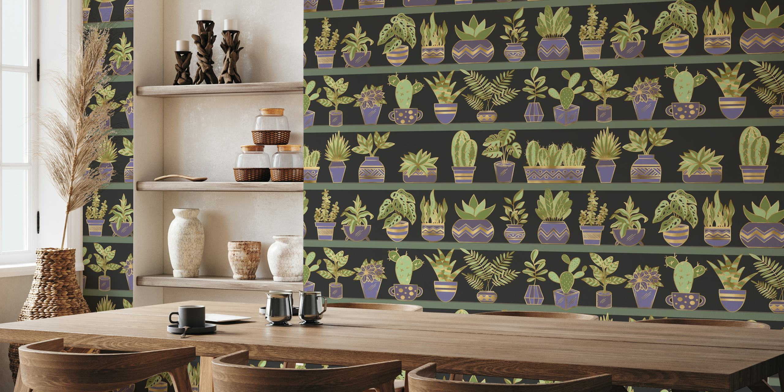Tapetdesign med planter på hylder