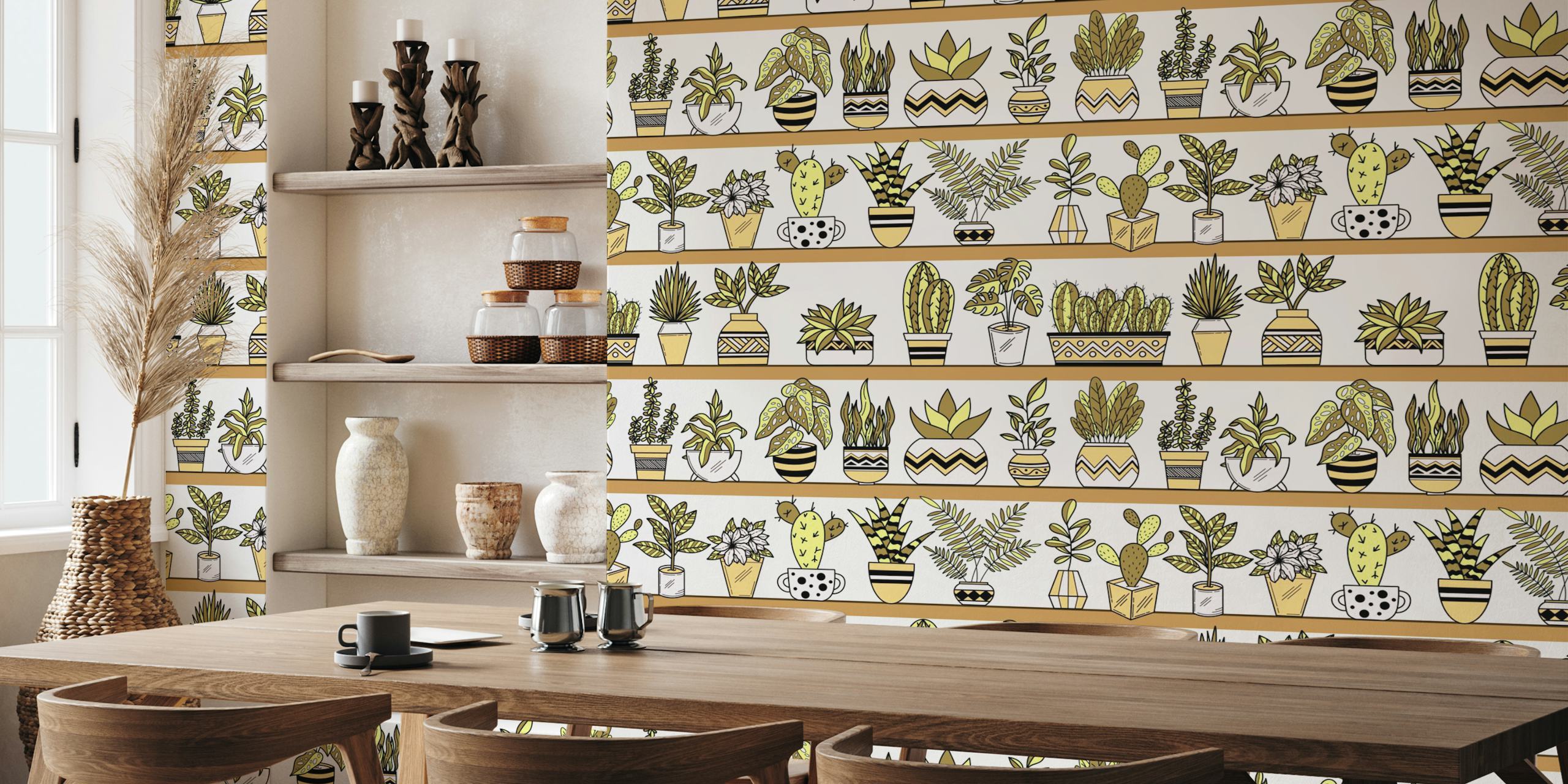 Wallpaper design with shelves and potted plants