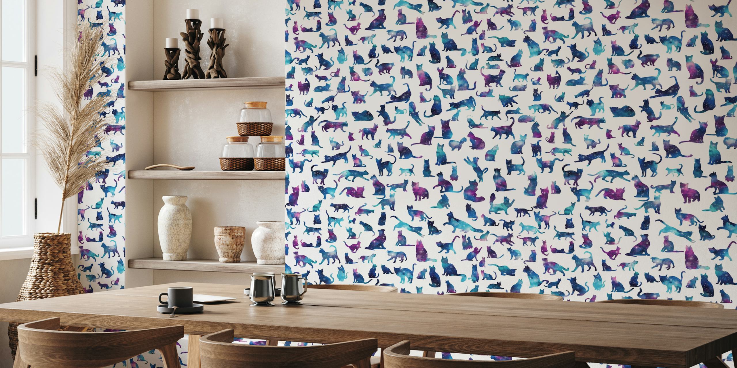 Colorful cat silhouettes in purple and blue galaxy wallpaper