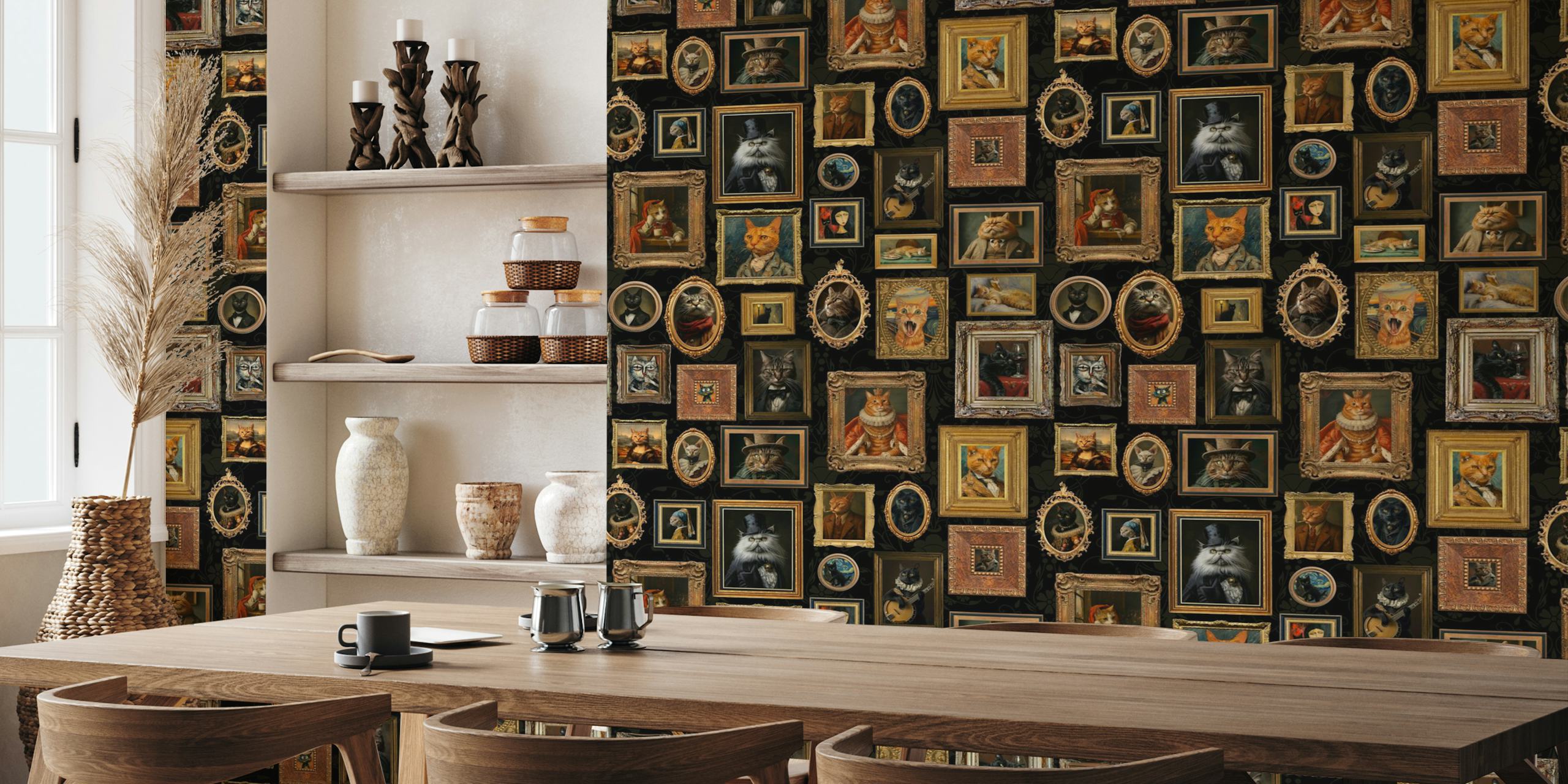 Various cat portraits in ornate frames on a black background wallpaper