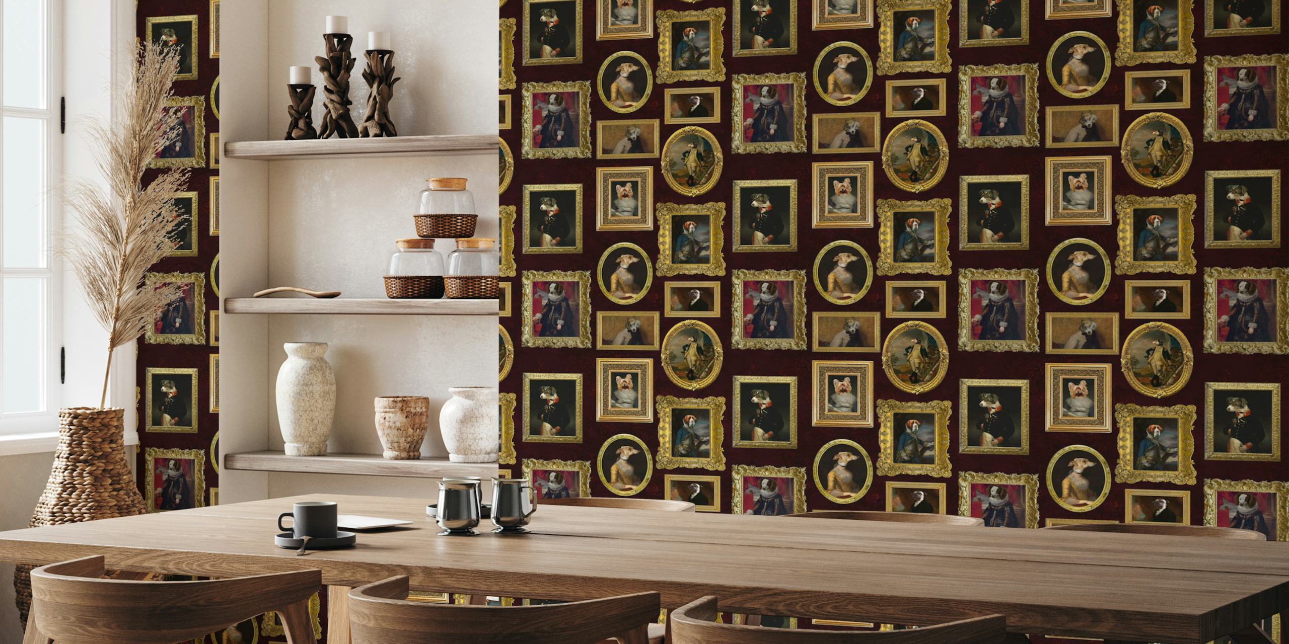 Burgundy red wallpaper featuring whimsical dog portraits in ornate frames