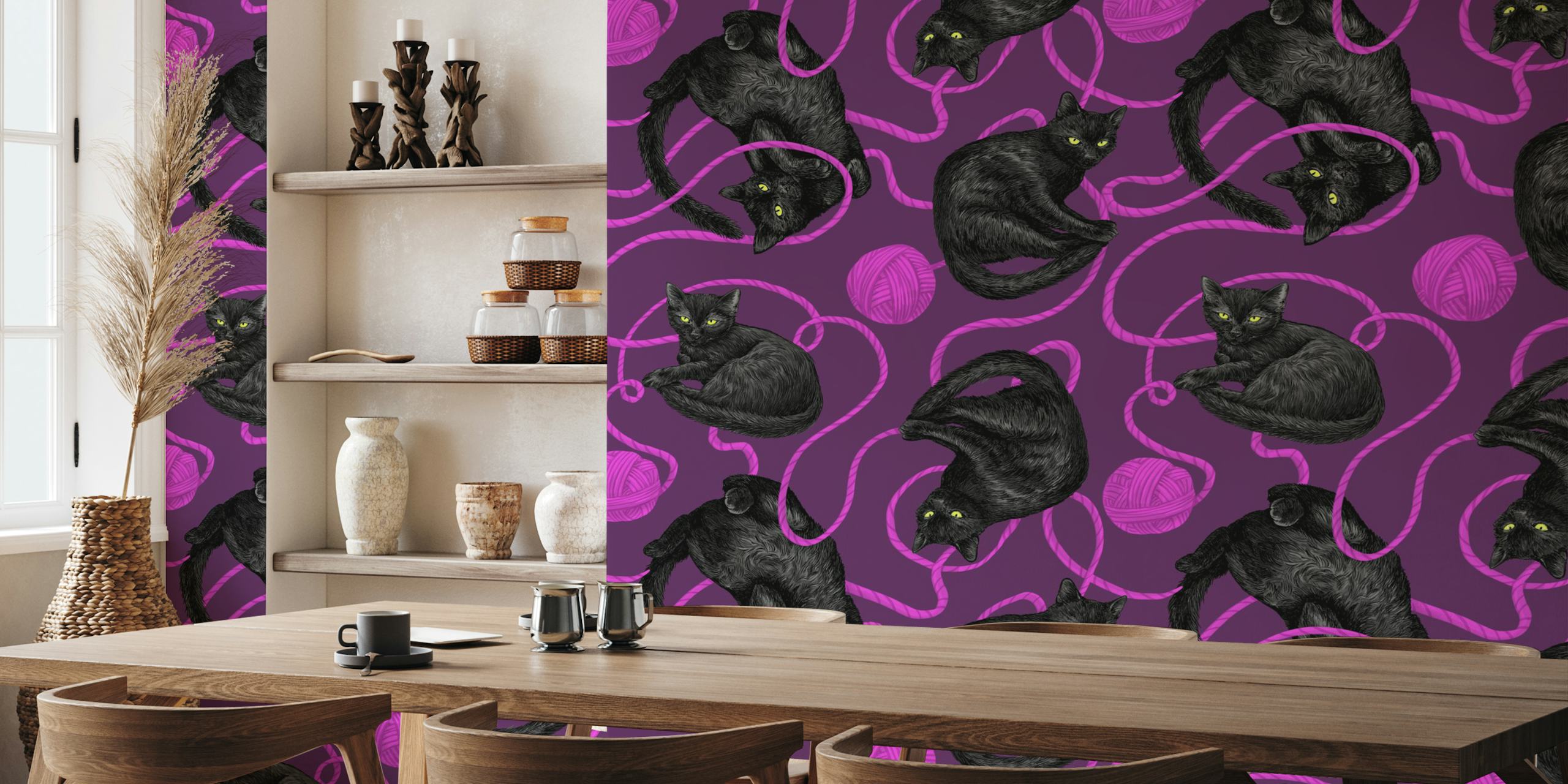 Black cat behang met roze garenpatroon