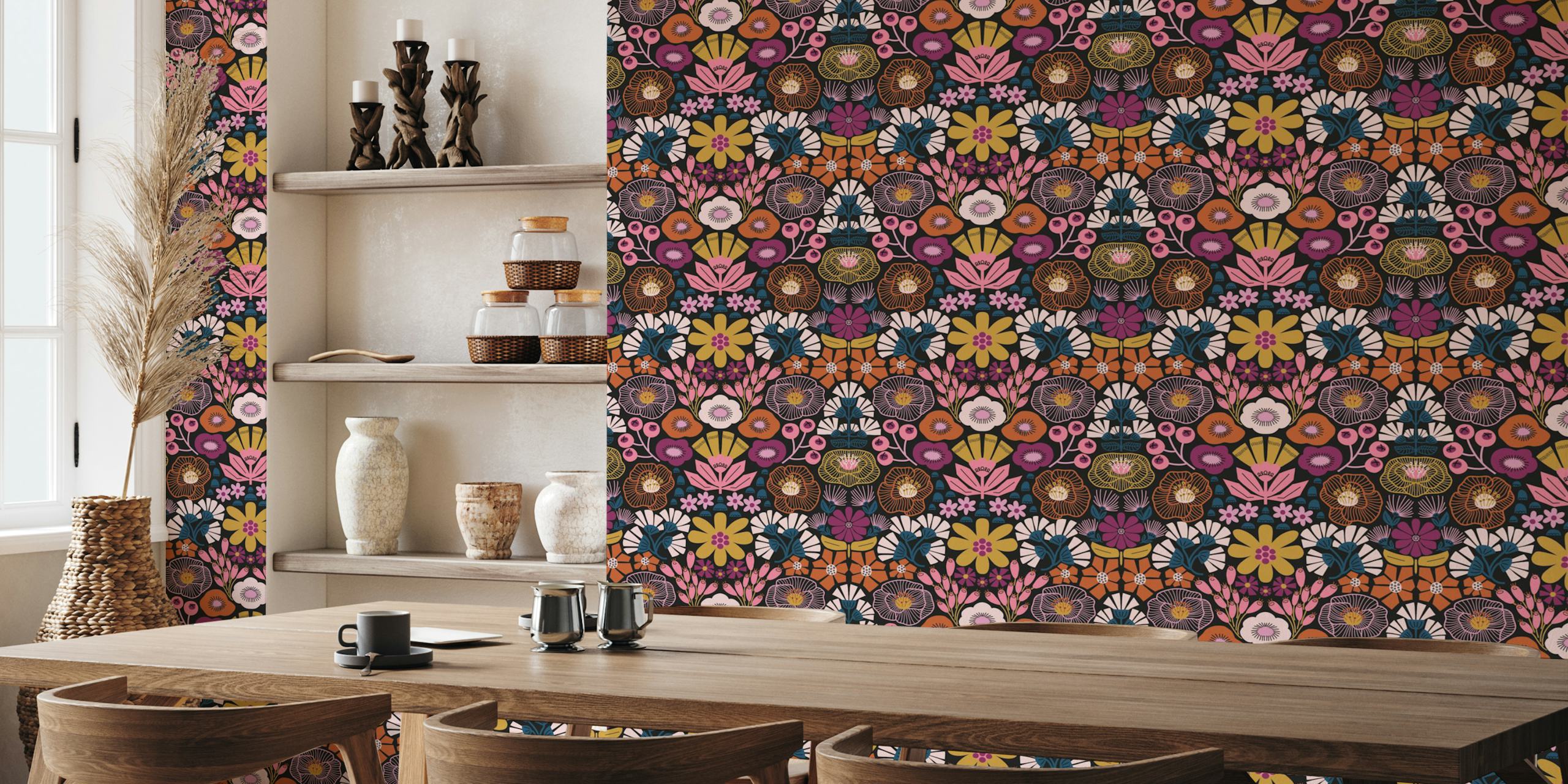 Modern folk art damask wallpaper in a room