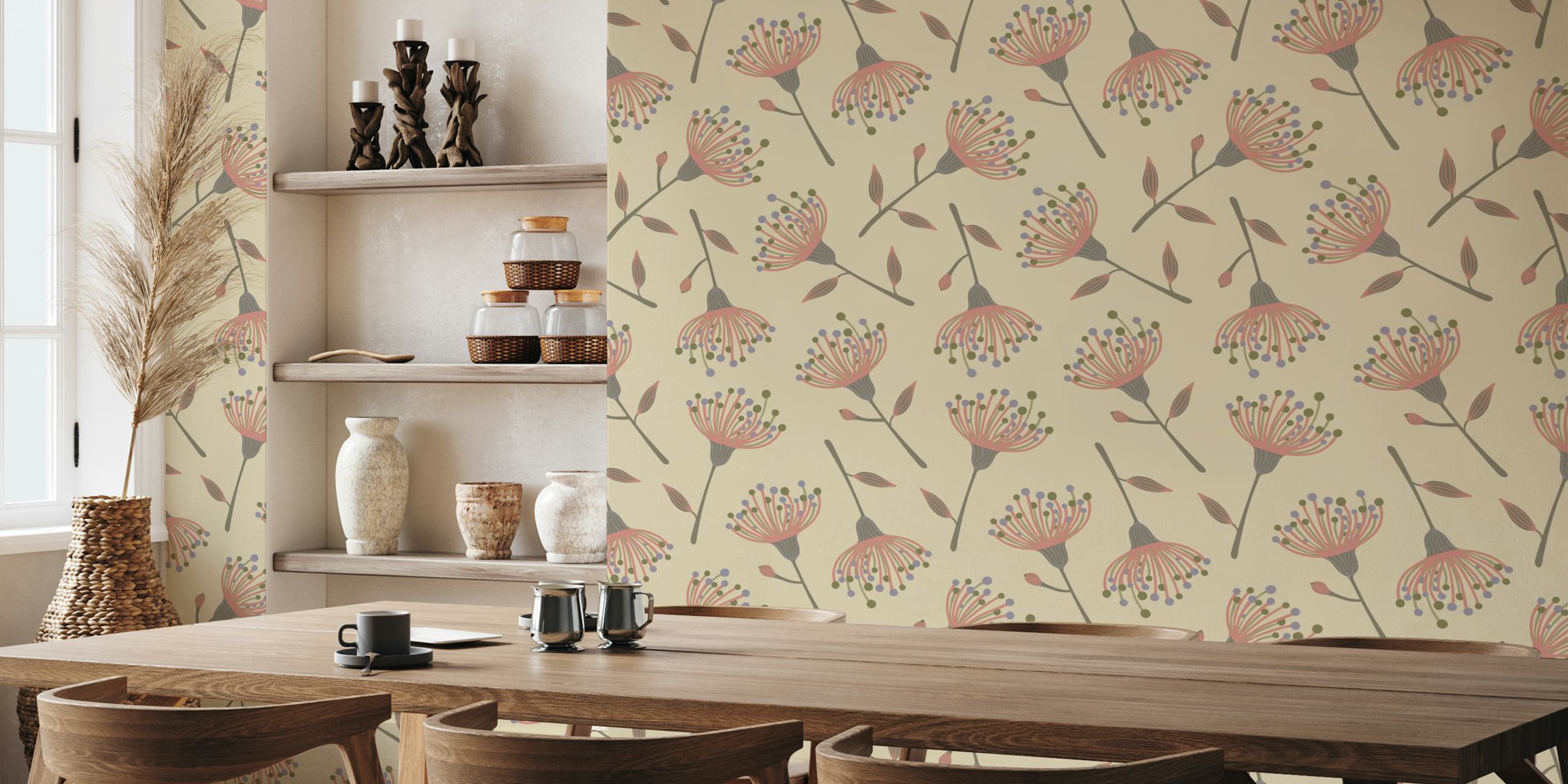 Eucalyptus tossed floral wallpaper in a room