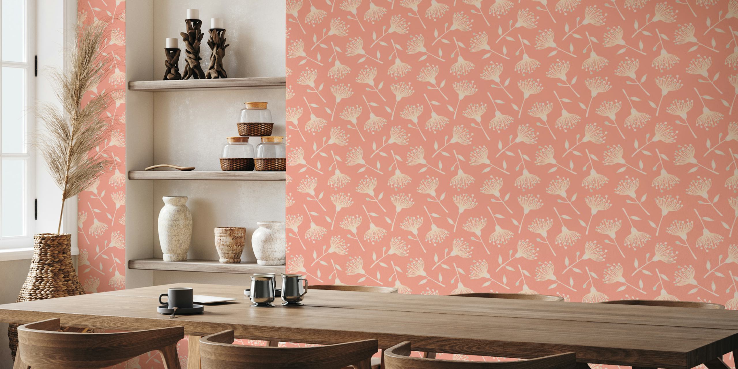 Eucalyptus tossed floral wallpaper in a room