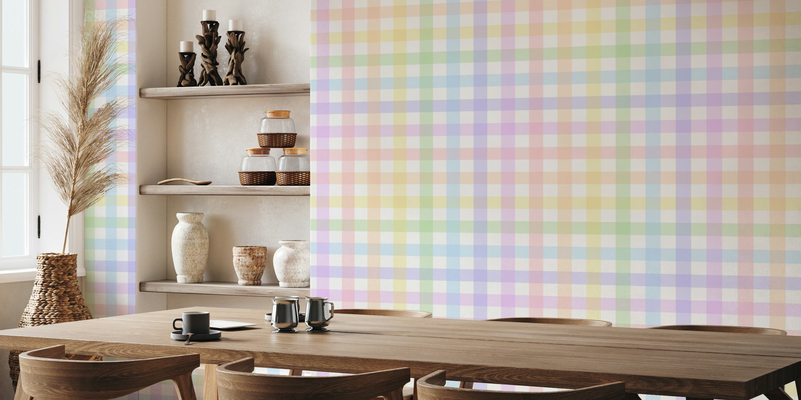 Pastel rainbow gingham wallpaper in a room