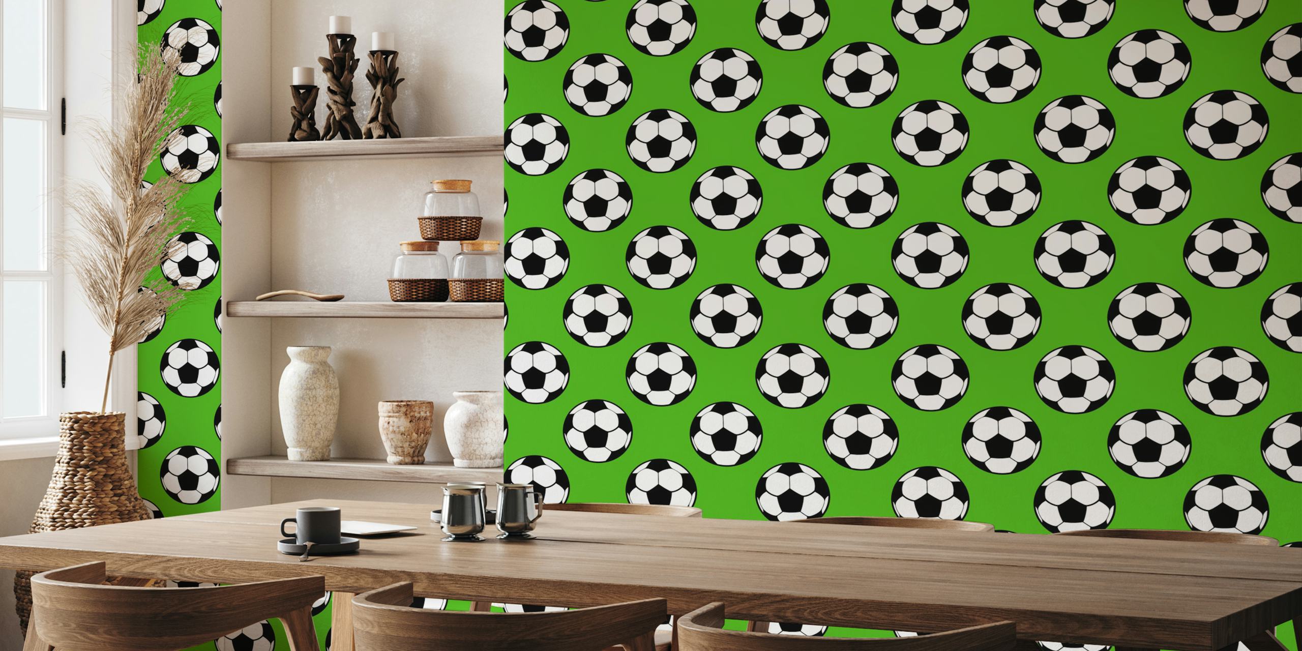Green background with soccer ball patterns wallpaper