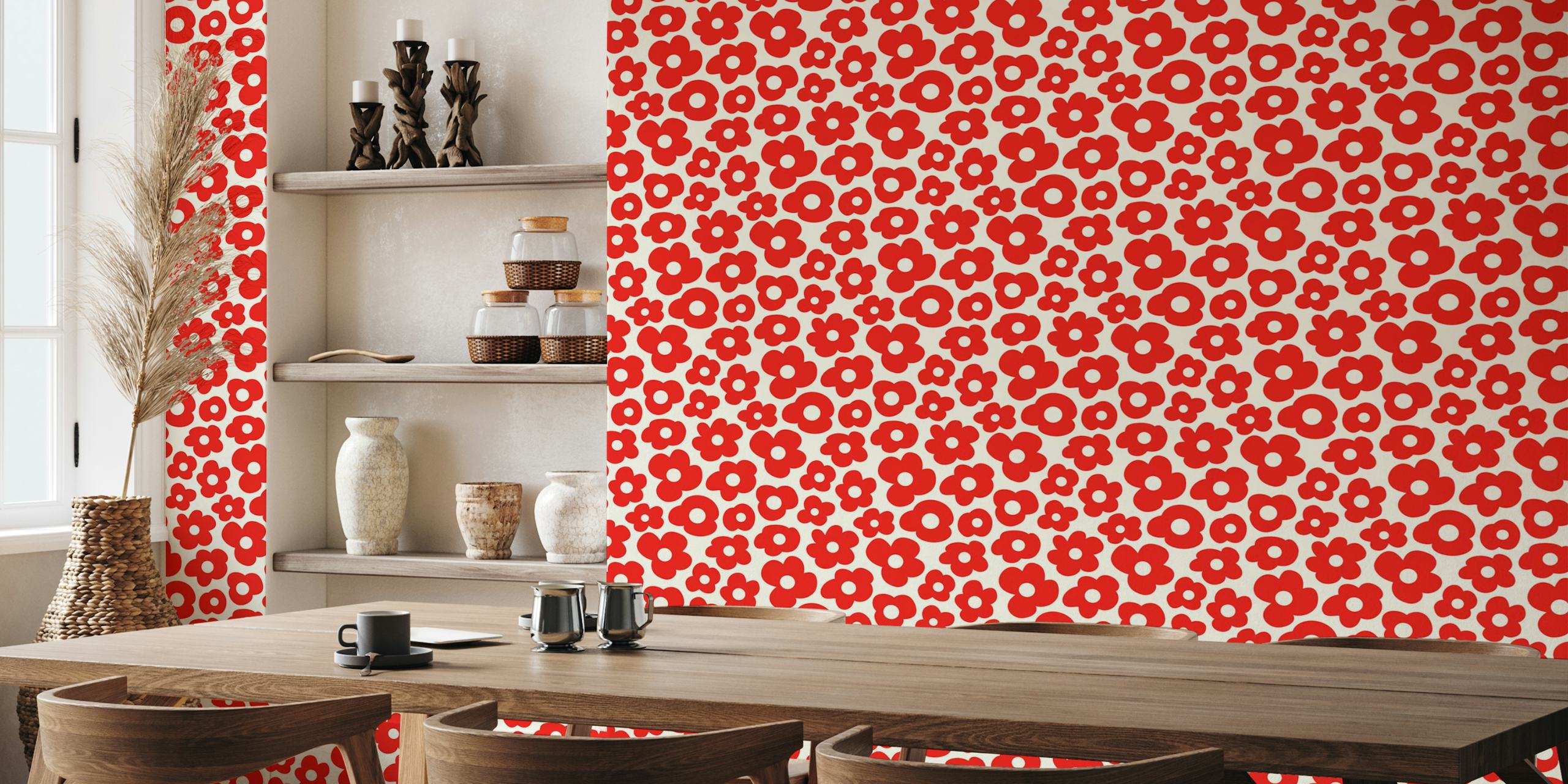 Hand drawn red flower wallpaper in a room