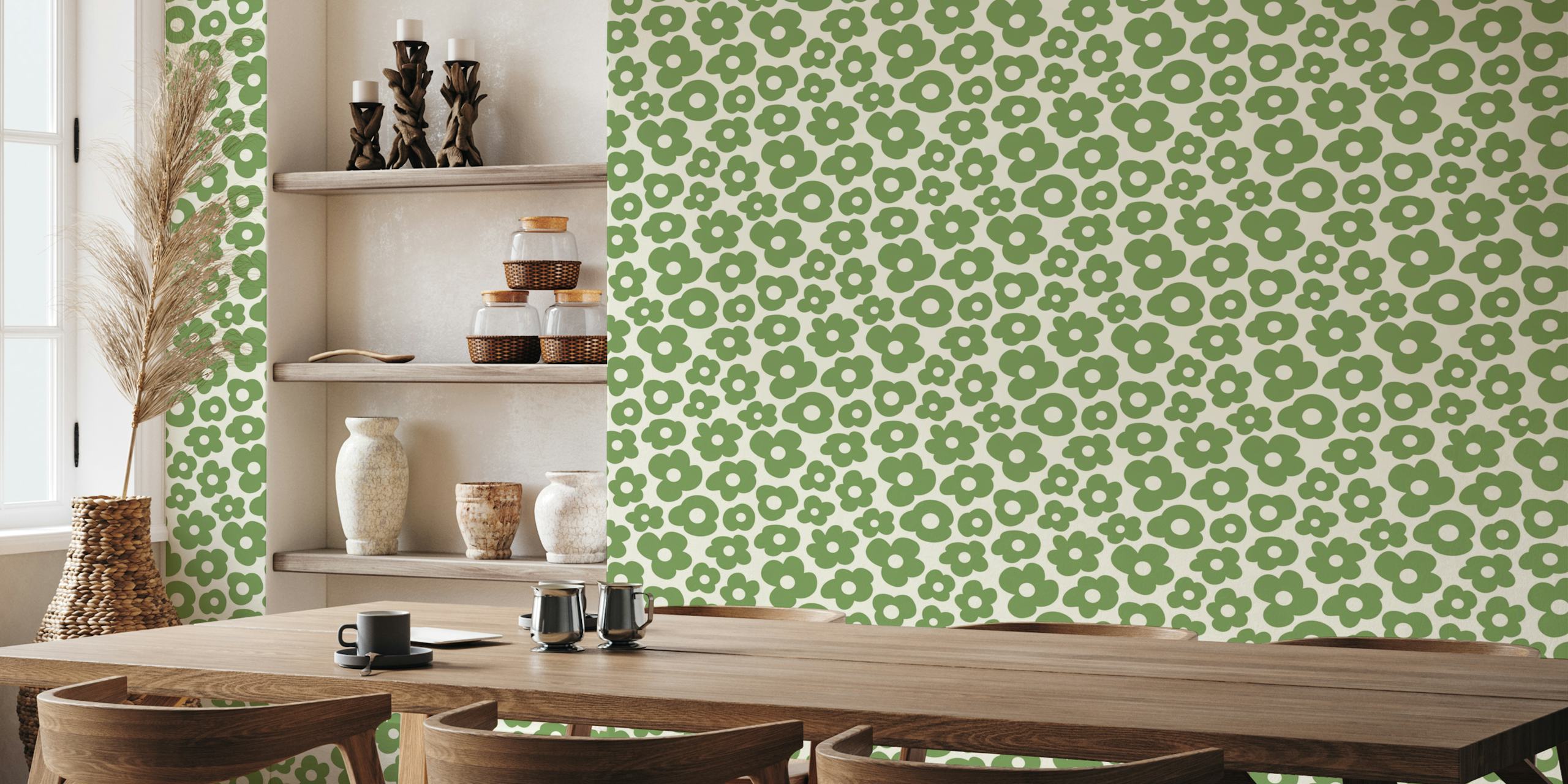 Hand drawn green flower wallpaper in a room