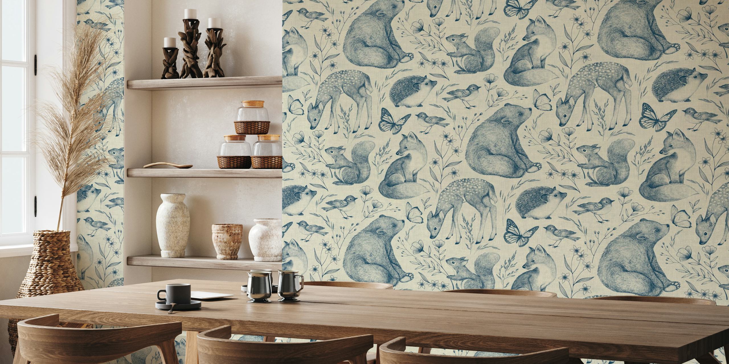 Blue and cream animal motifs including foxes, deer, and flowers wallpaper
