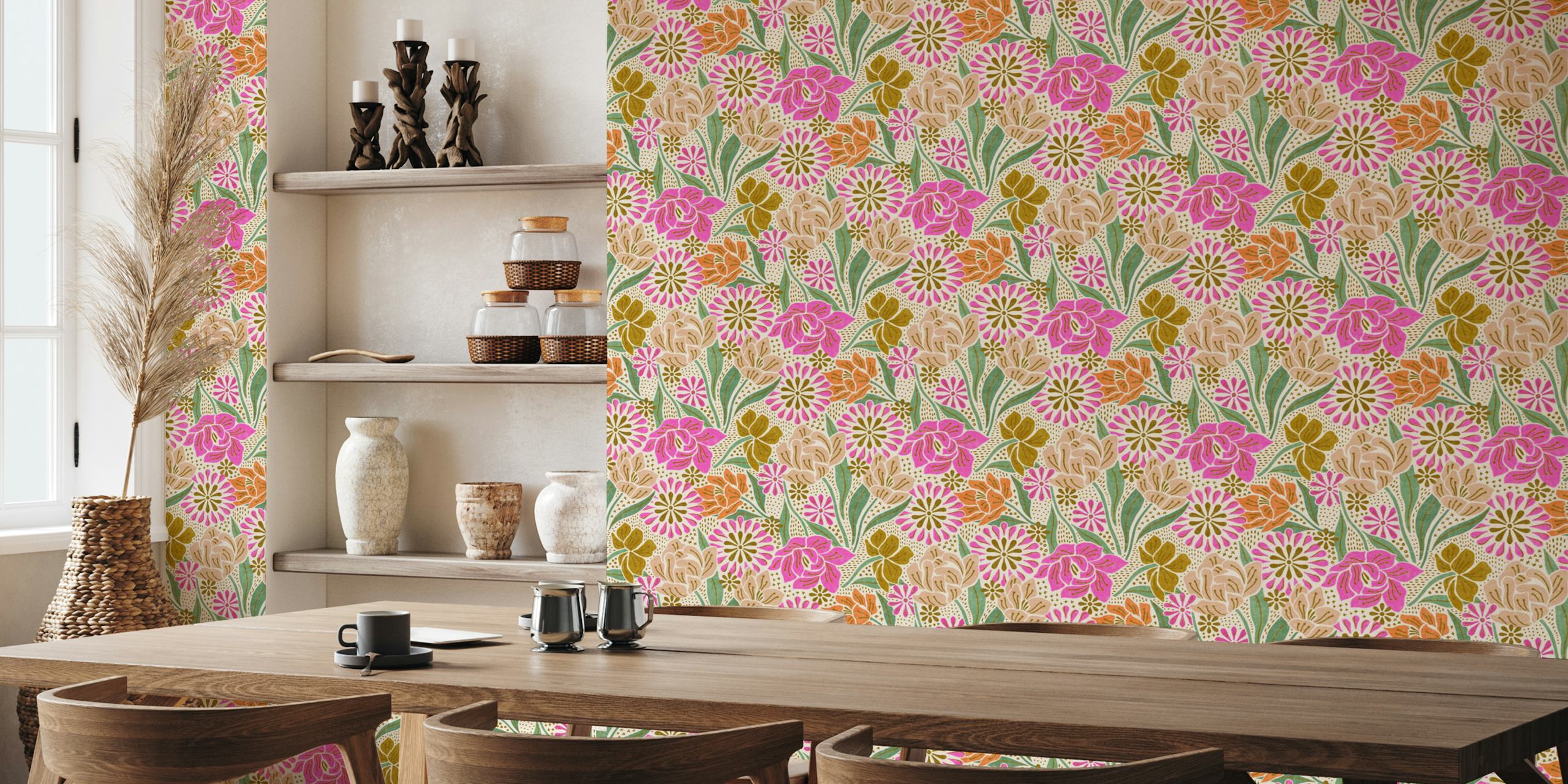 Colorful floral pattern wallpaper with pink and orange flowers and green leaves.