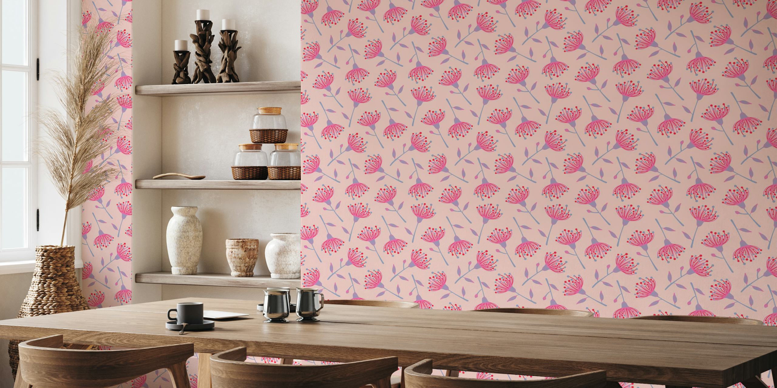 Floral pattern with pink eucalyptus flowers and blue accents wallpaper