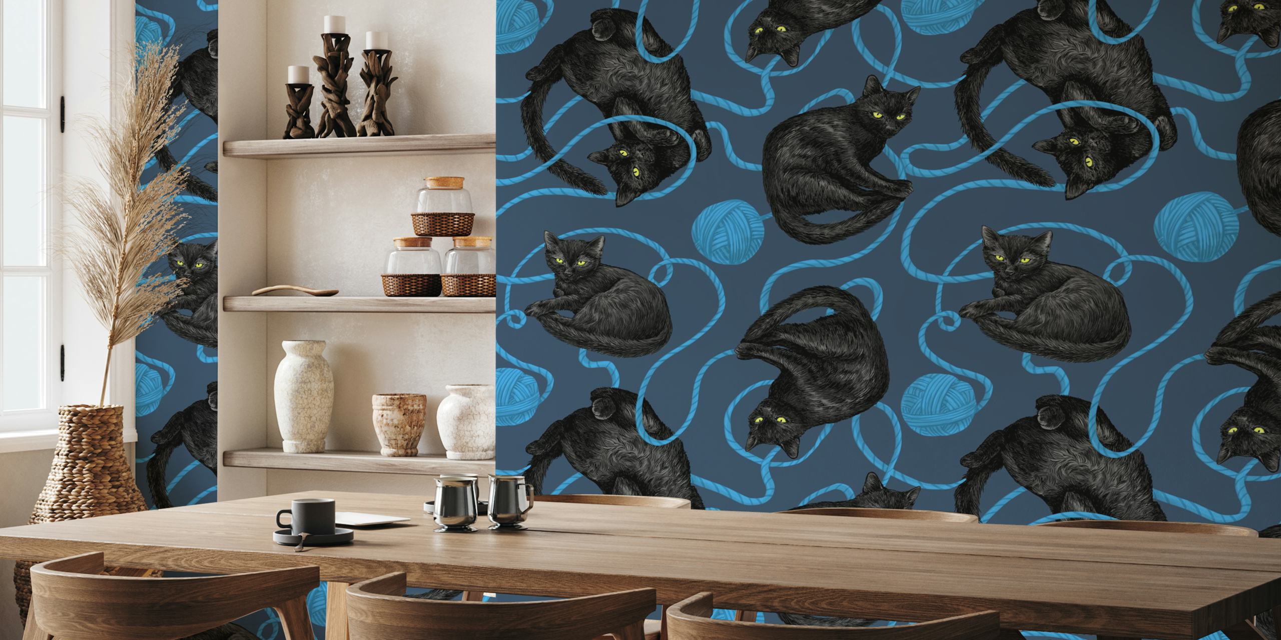 Black cats and blue yarn on dark blue background wallpaper