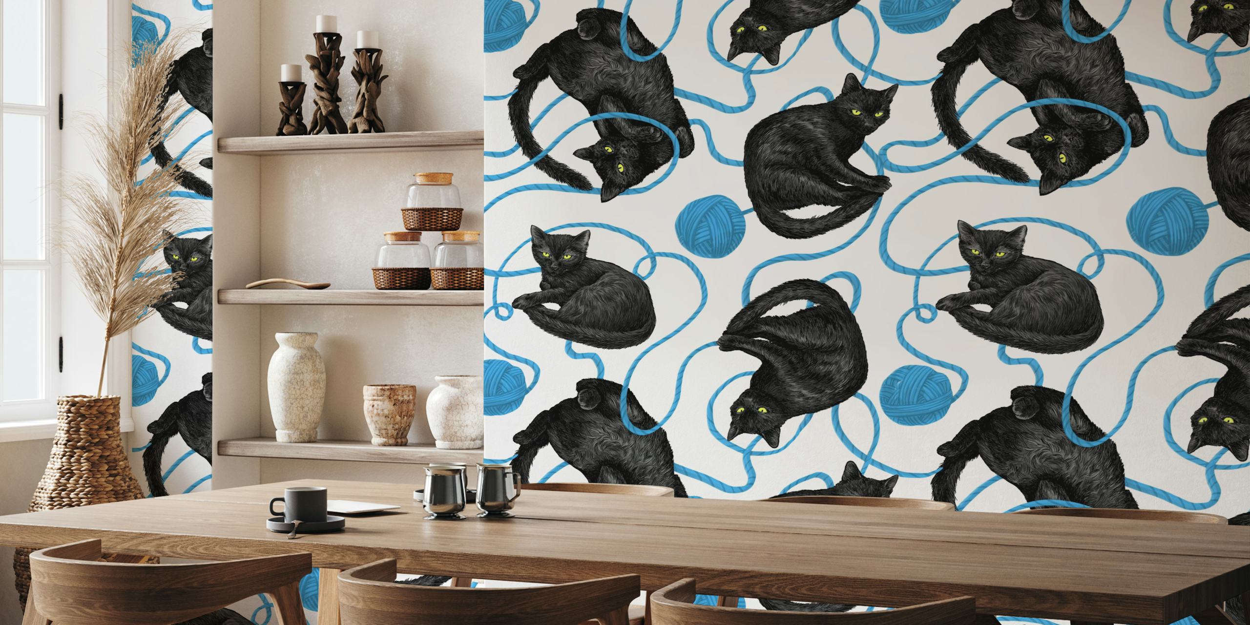 Svart katt och garn tapetdesign