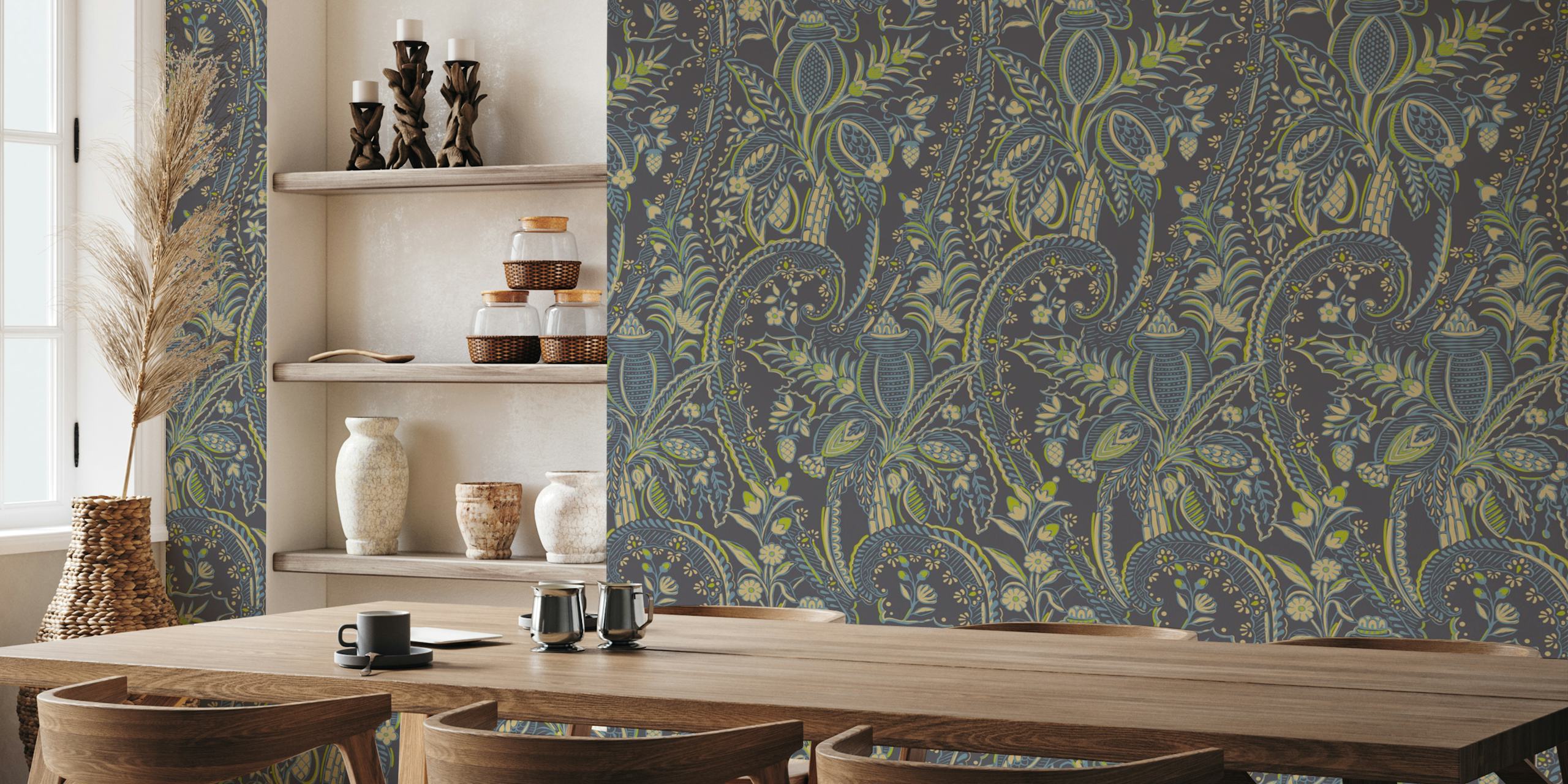 Bohemian Botanical harmony grey and blue tapet