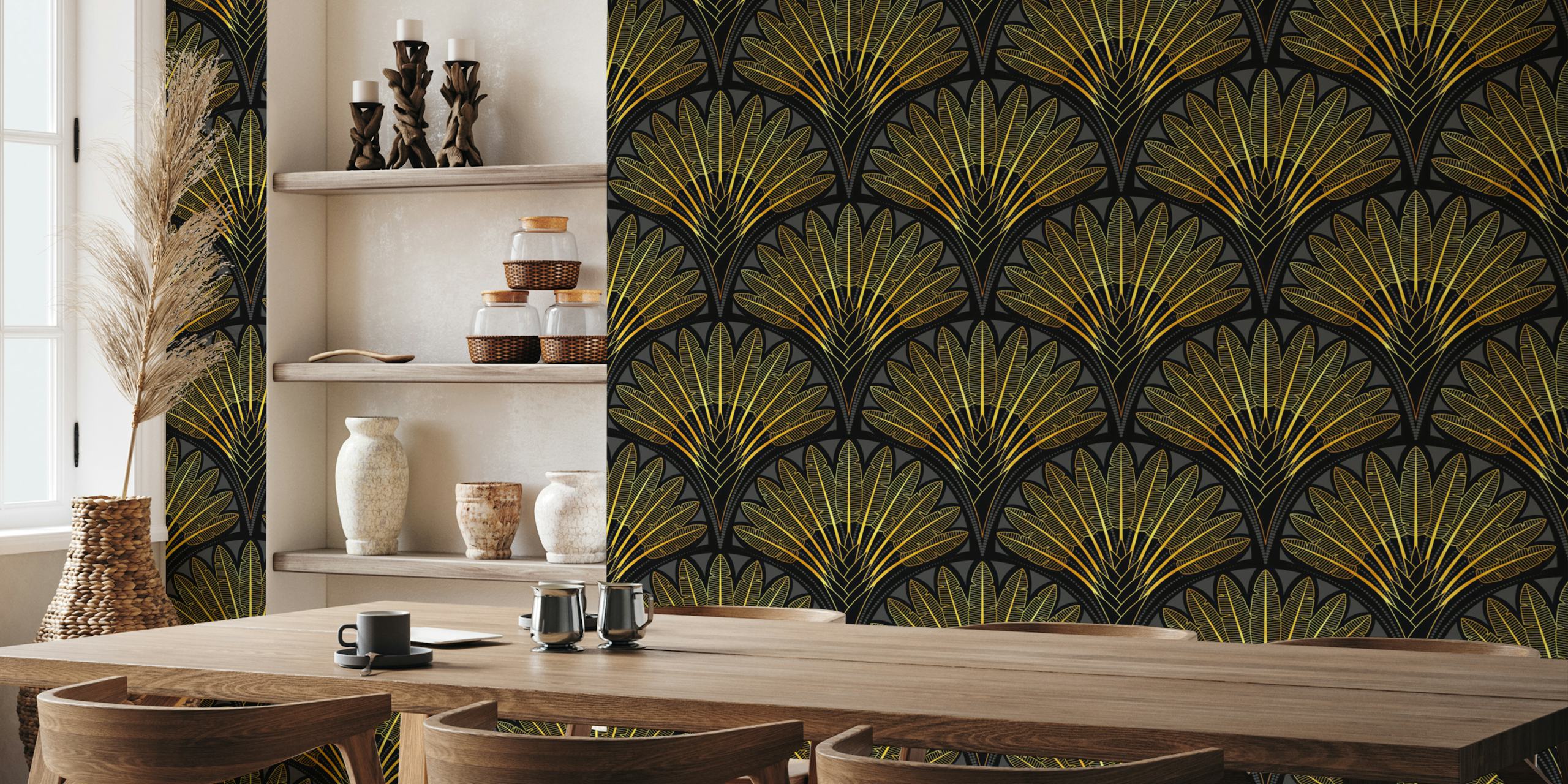 Art Deco palm leaves in gold and black wallpaper