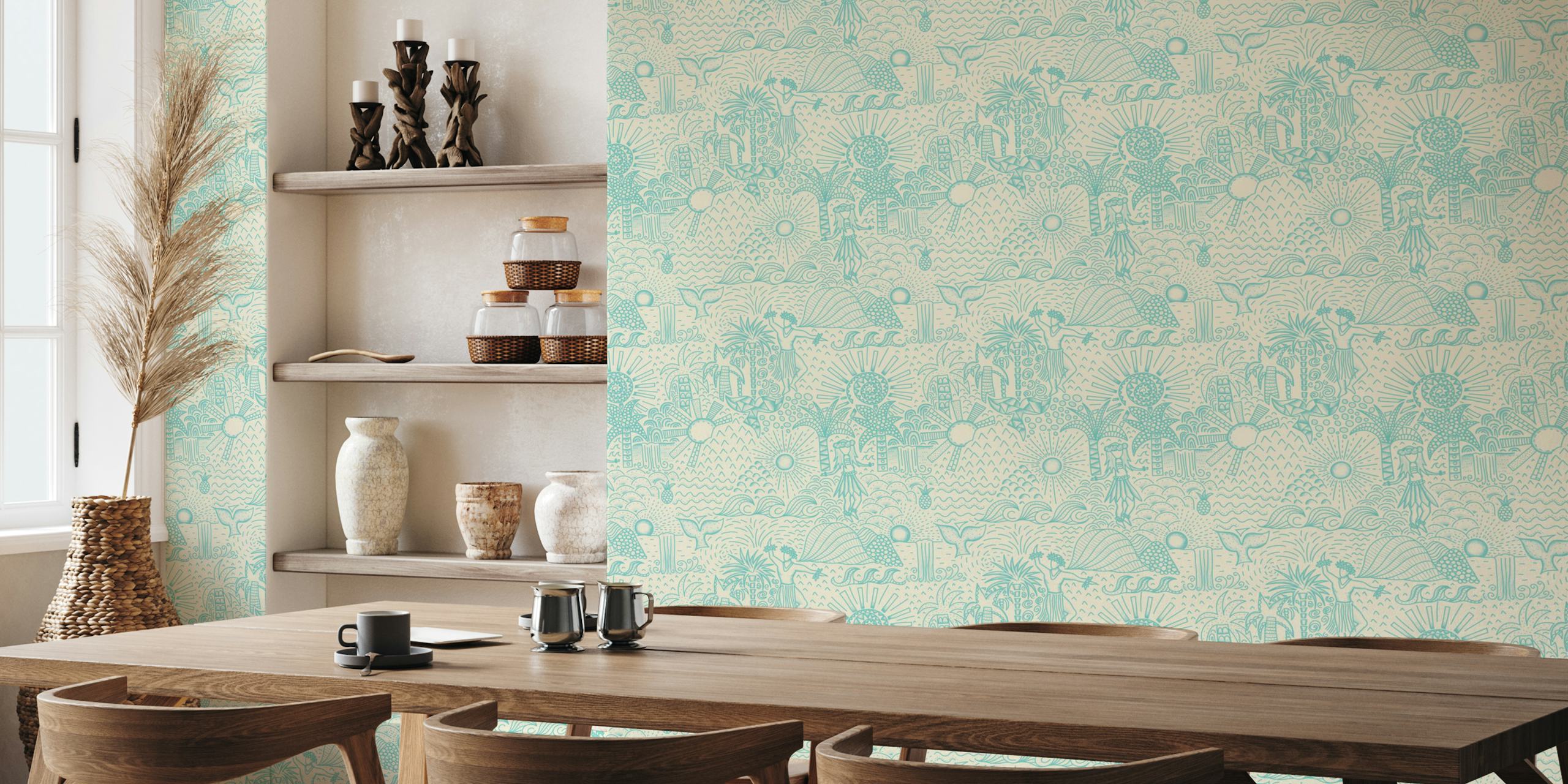Hawaiian Toile Polynesian Hula papel tapiz en una habitación