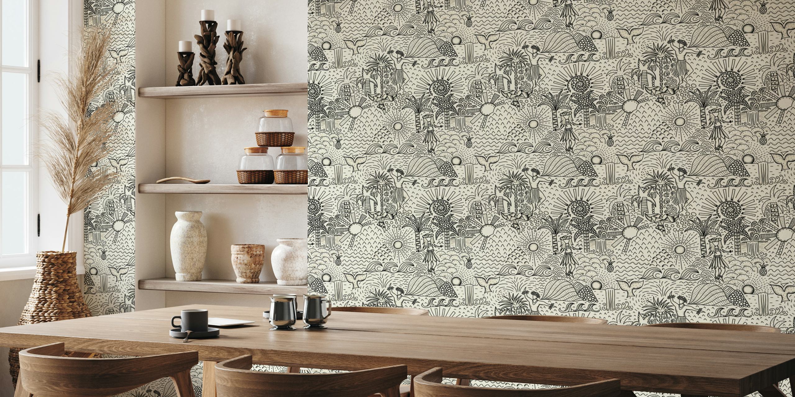 Tropical scene wallpaper with hula dancers and palm trees in black on cream background.