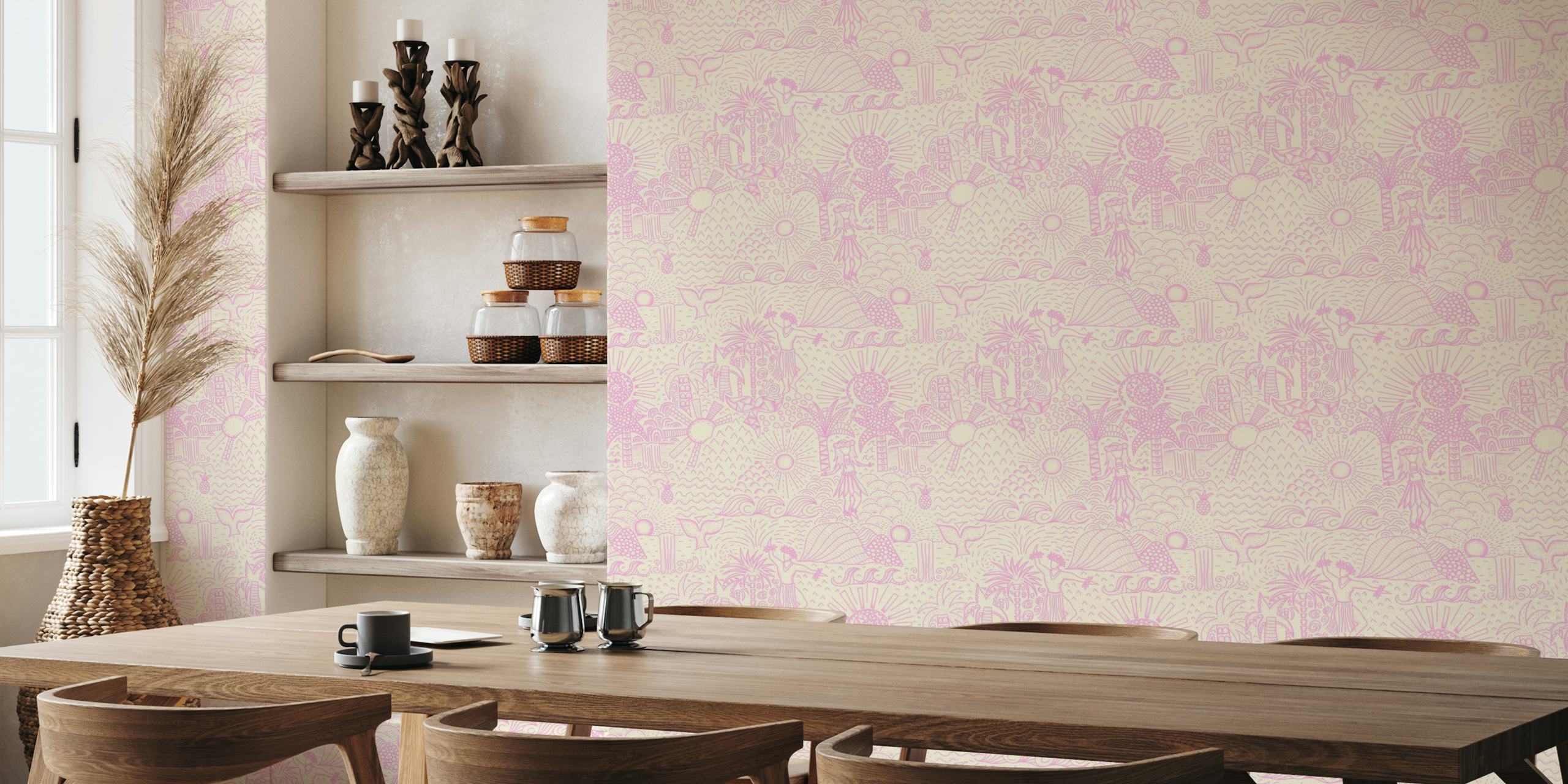 Tropical pink beach scenes with hula dancers and sun motifs wallpaper