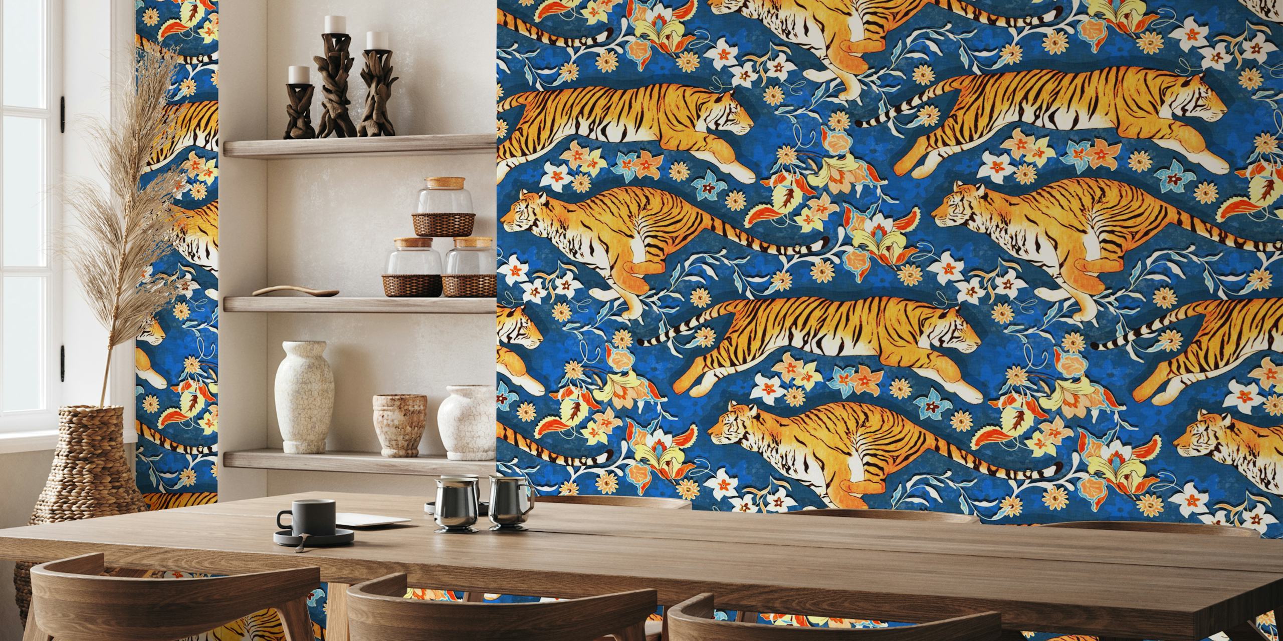 Tigers among floral patterns on blue background wallpaper