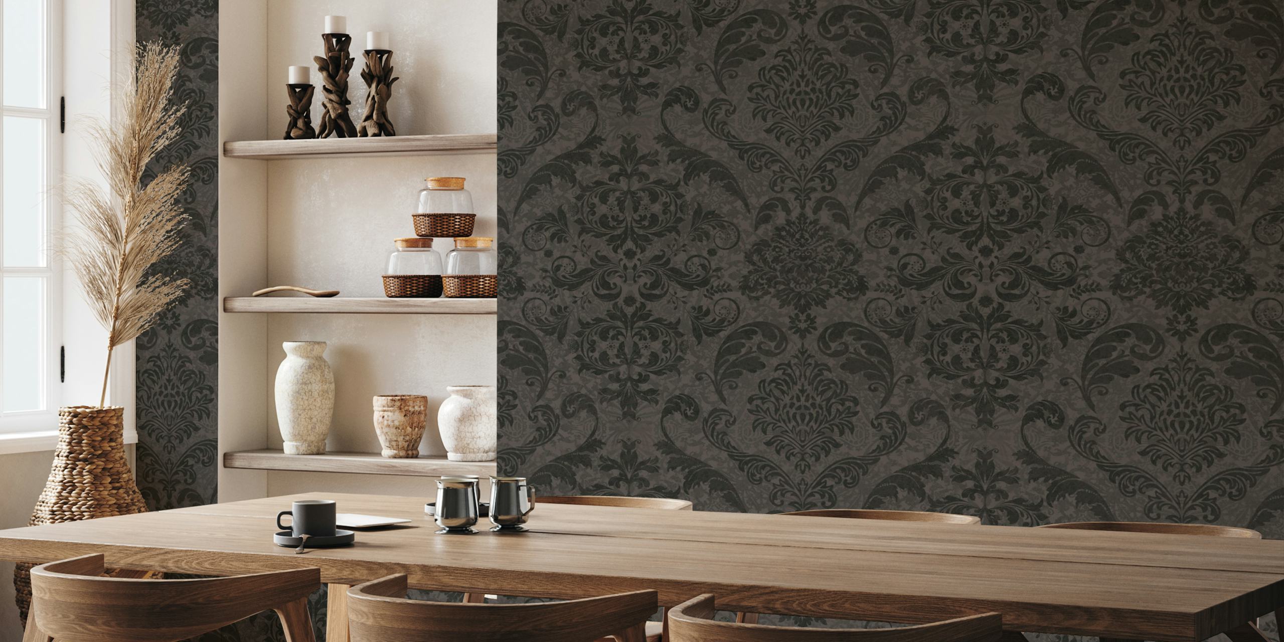 Dark vintage damask wallpaper pattern in a room