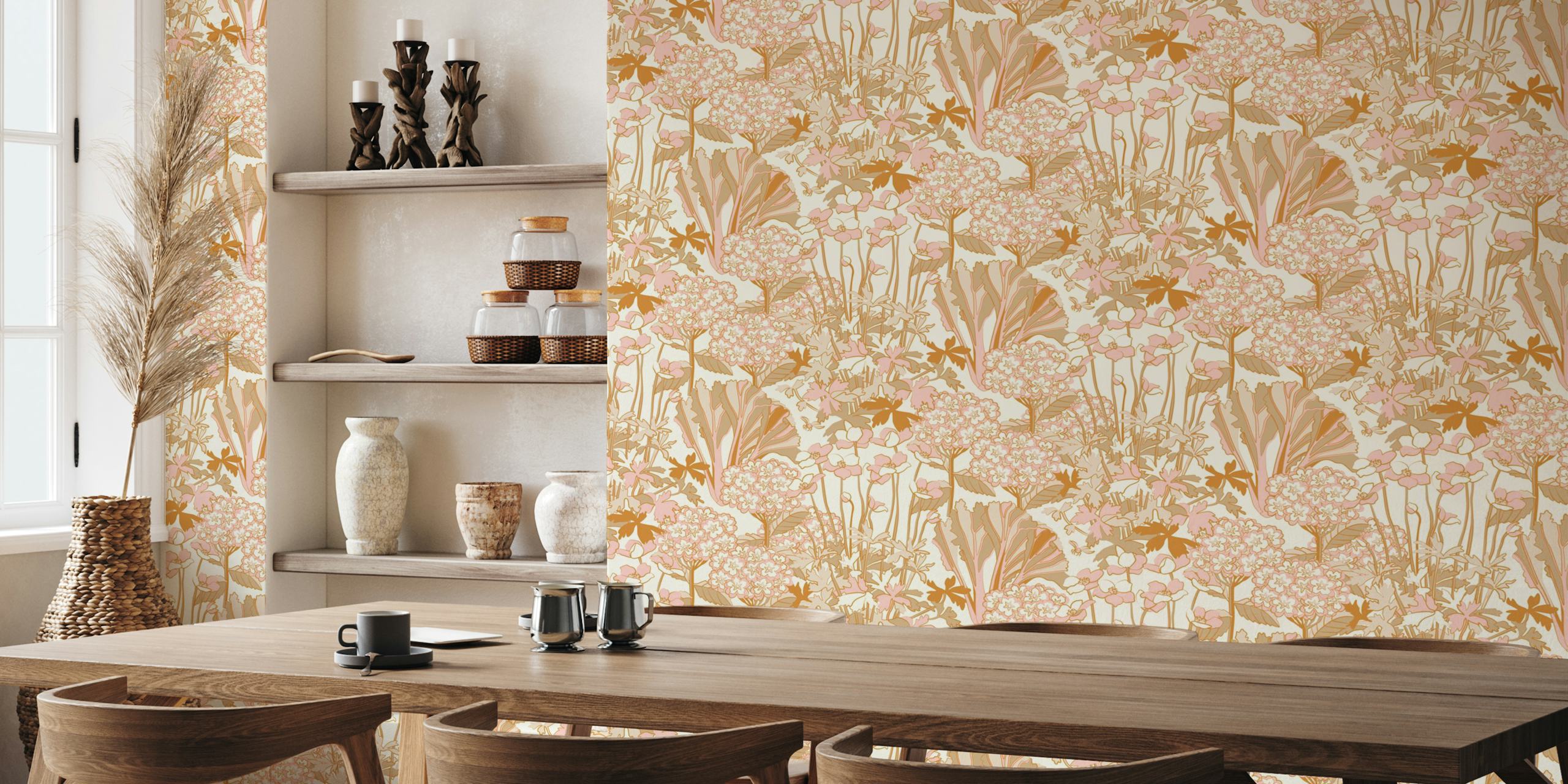 Floral design with pink flowers and green leaves wallpaper