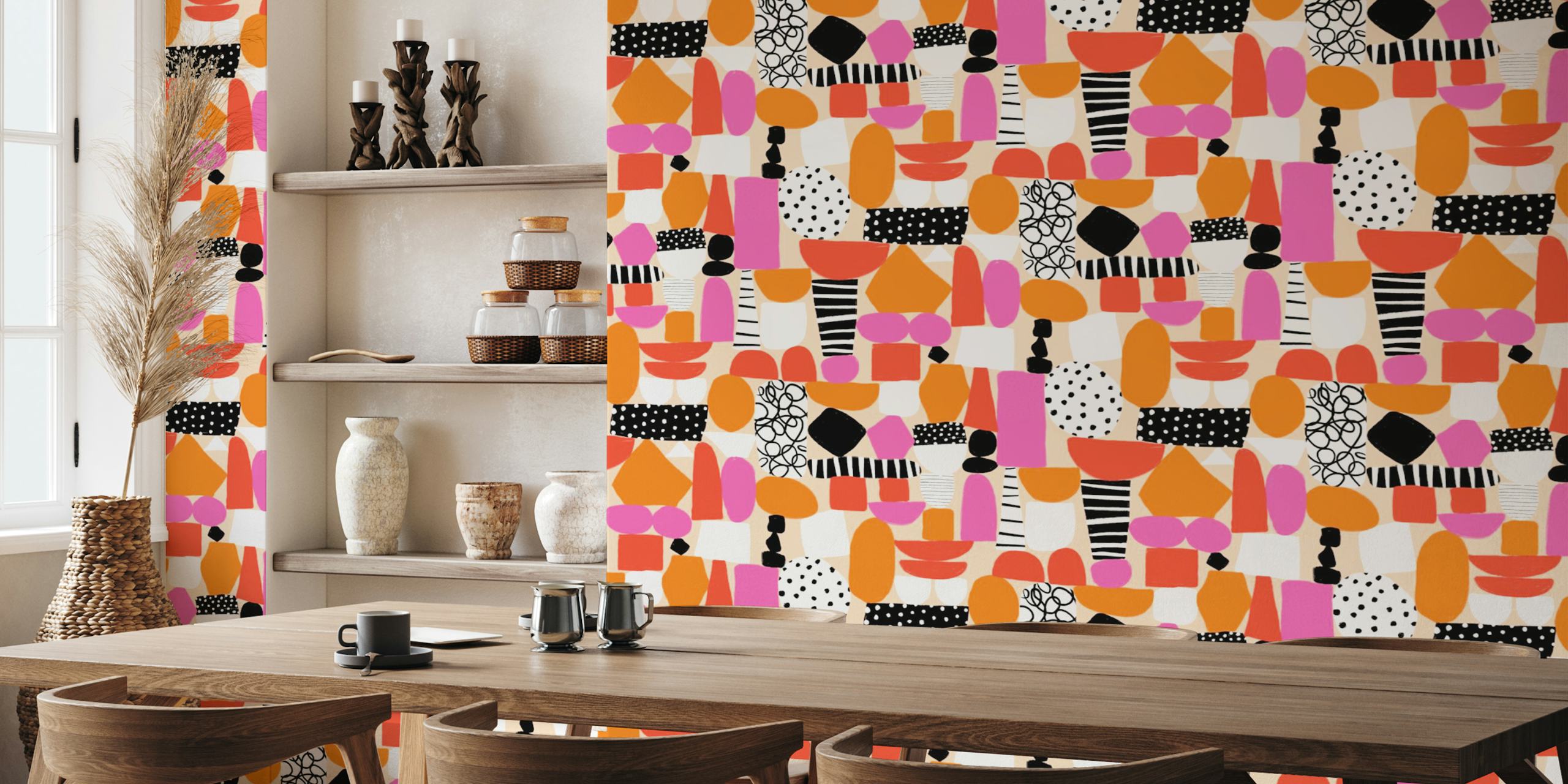 Colorful cut-out doodle pattern in pink, orange, and black wallpaper